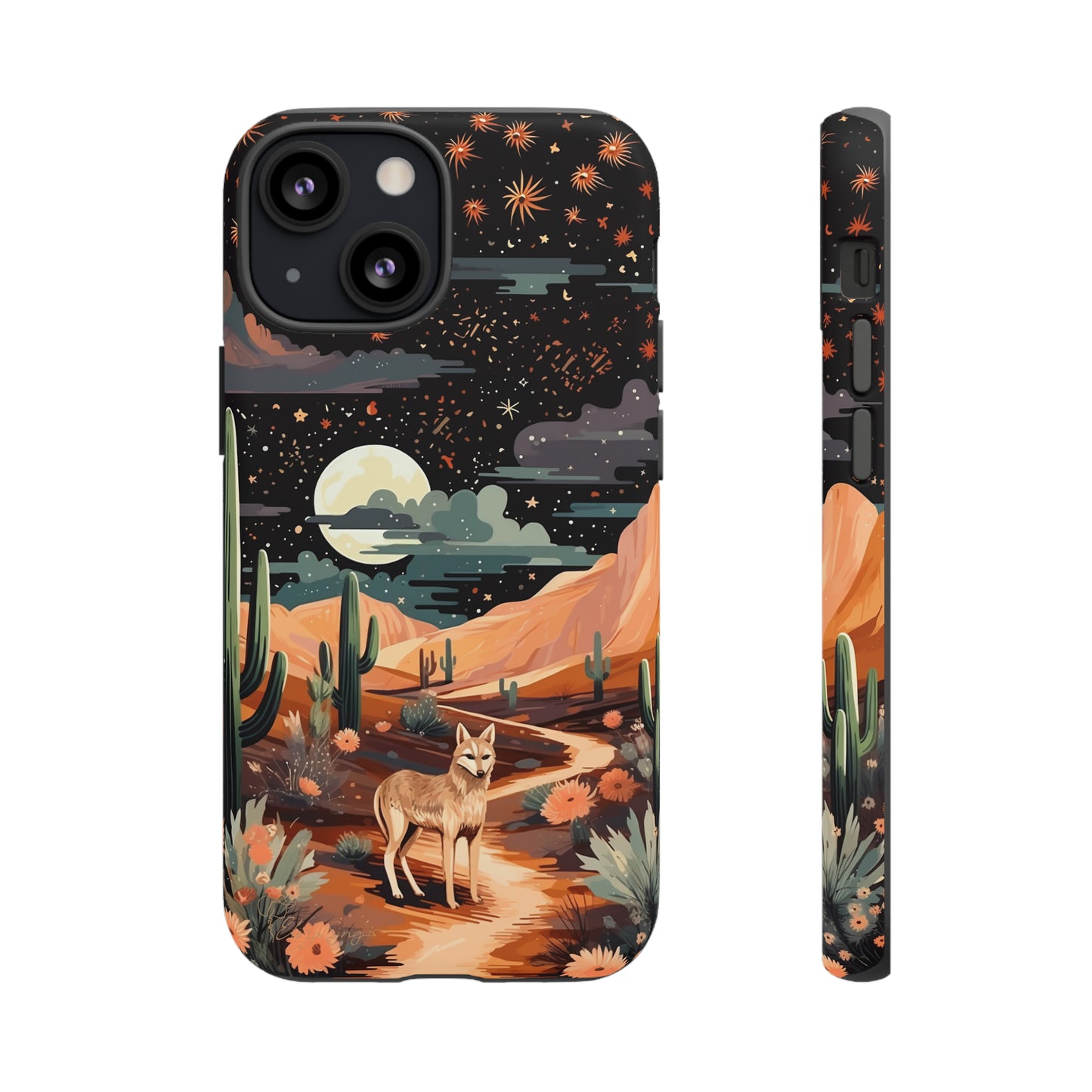 Unveiling our Tough Western Cell Phone Case: Stellar Desert Jackal Edition! Embrace the beauty of the night with a jackal in a desert landscape, under a starry sky, surrounded by cacti. This case provides rugged protection with a touch of celestial elegance.