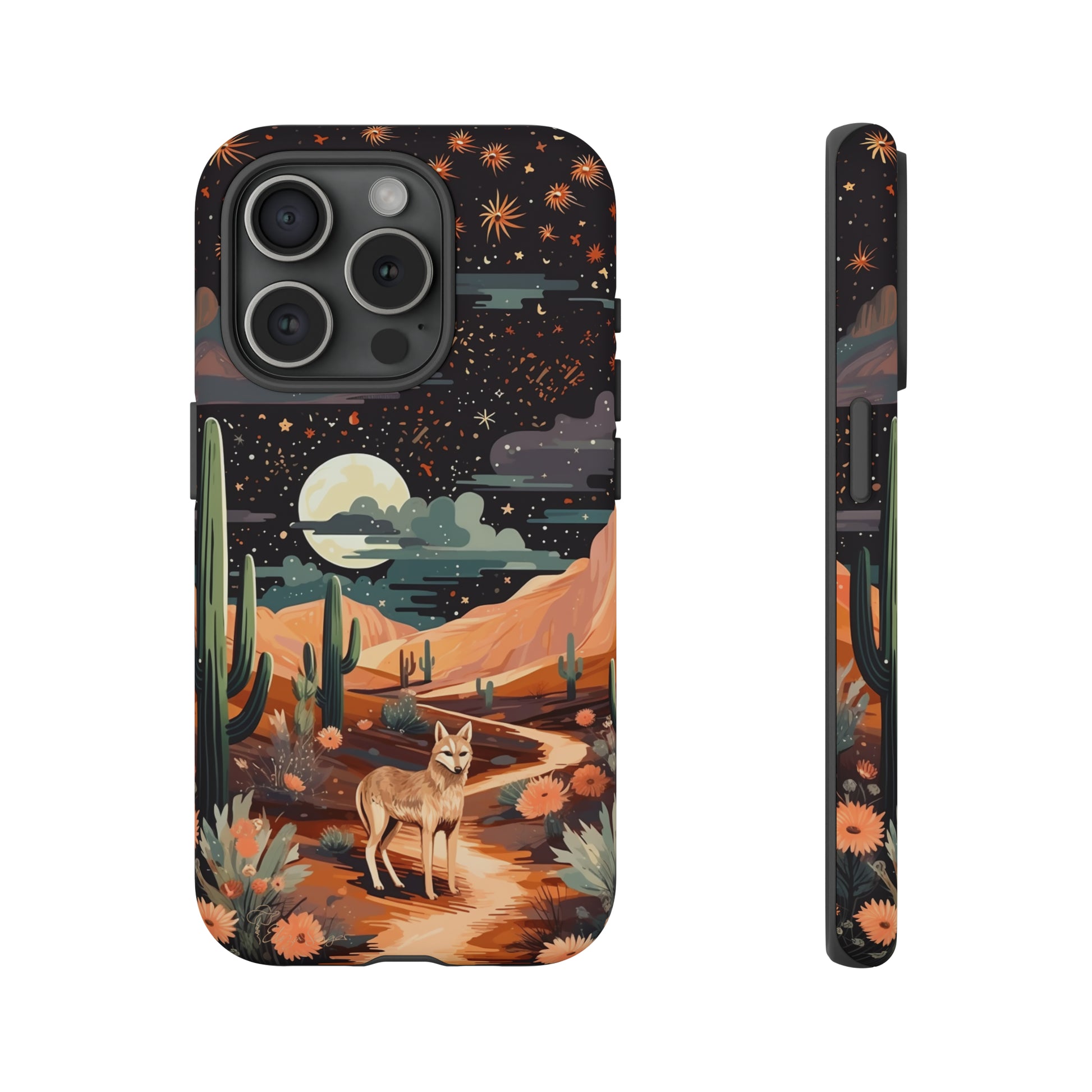 Introducing our Tough Western Cell Phone Case: Twilight Desert Jackal Remix Edition! A variation of our popular design, this edition features a jackal in a desert landscape with a starry night sky and cacti. Get ready for a unique twist on classic rugged protection.