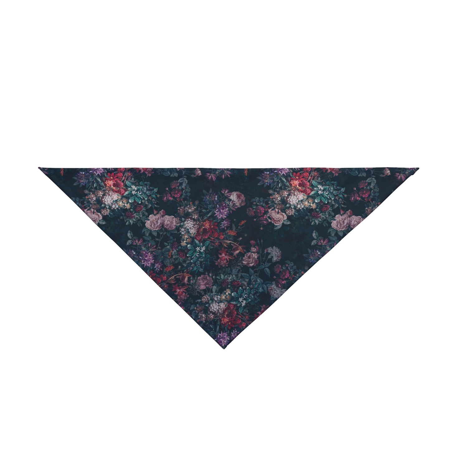 Take your pup on a journey through a Moody English Garden with our Dog Bandana/Wild Rag. Muted English garden style flowers in rich colors on a dark background create an elegant and sophisticated look. Crafted from soft-spun polyester, this wild rag ensures comfort and style. Also available for humans, exclusively at Eliza Singer. 