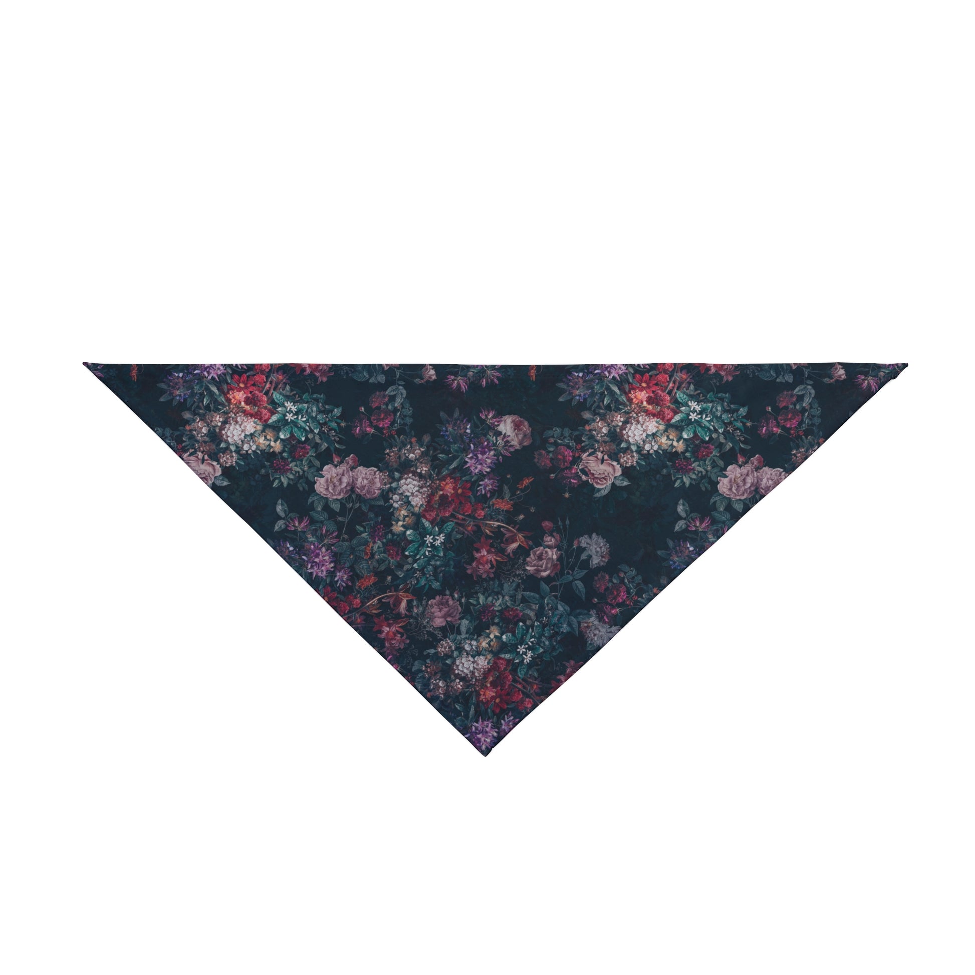 Take your pup on a journey through a Moody English Garden with our Dog Bandana/Wild Rag. Muted English garden style flowers in rich colors on a dark background create an elegant and sophisticated look. Crafted from soft-spun polyester, this wild rag ensures comfort and style. Also available for humans, exclusively at Eliza Singer. 