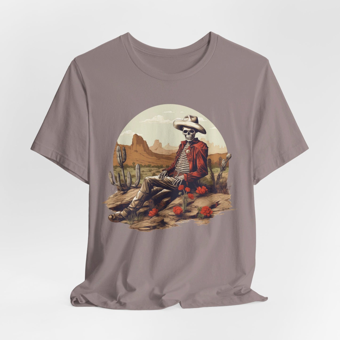 Skeleton Cowboy in Desert: Red Blazer Bella Canvas T-shirt