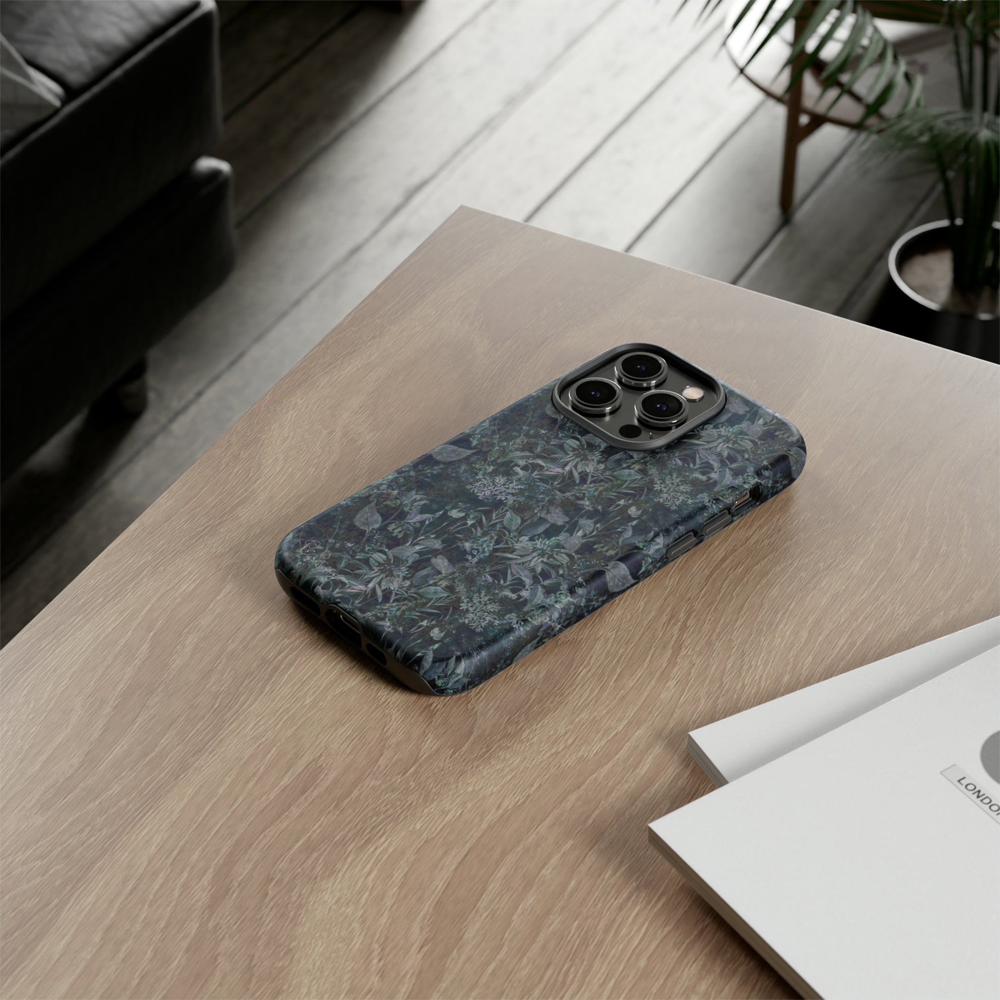 Blossom in Style: Botany Floral Dark Flowers Blue Denim iPhone Tough Protective Cover. This case features a Flower and Muted Grey Design, compatible with iPhone 15, 14, 13, XS, XR Pro/Max/Mini/P/Plus. Unleash Nature's Beauty with Style and Durability. #ElizaSinger #PhoneCase #FloralDesign