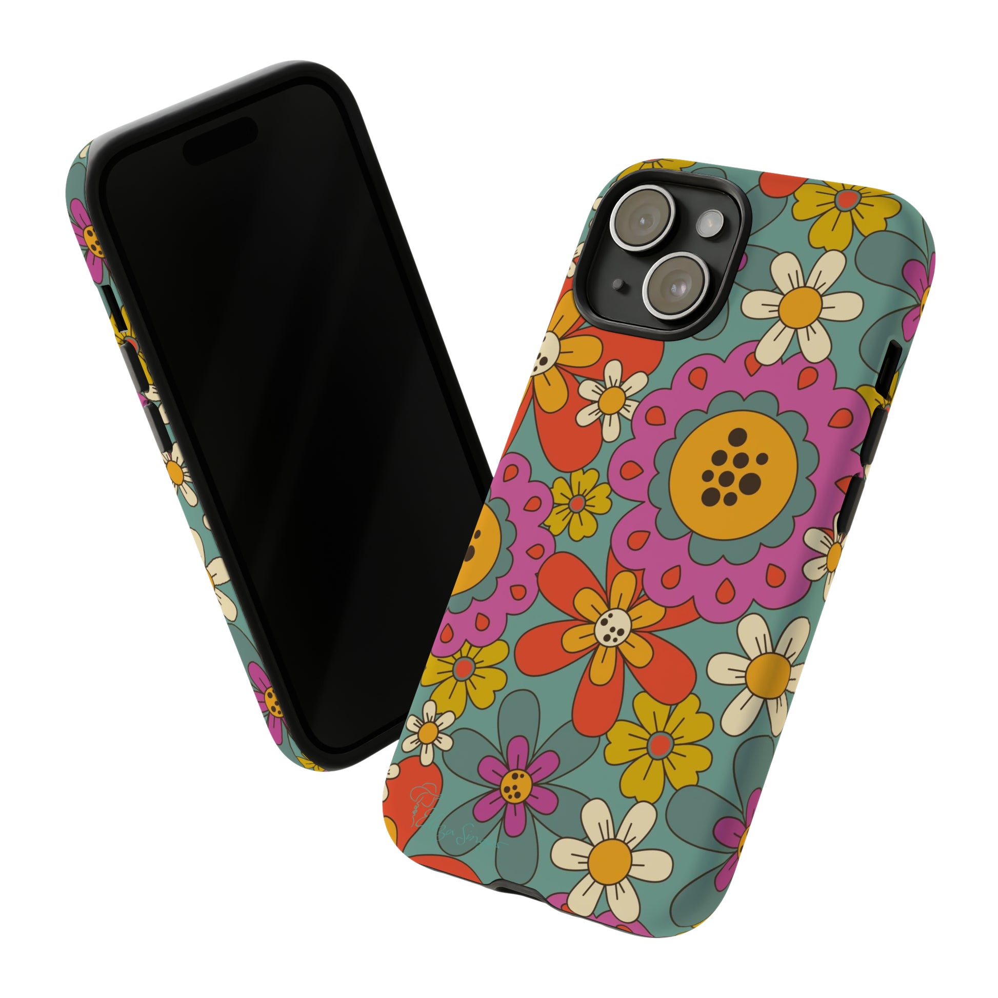 Step into the Groove: Groovy Hippie Hippy Design iPhone Tough Protective Cover. A nod to the 60's with Daisy Design in Turquoise and Pink. Compatible with iPhone 15, 14, 13, XS, XR Pro/Max/Mini/P/Plus. Embrace Retro Vibes with Style and Durability. #ElizaSinger #PhoneCase #GroovyDesign 