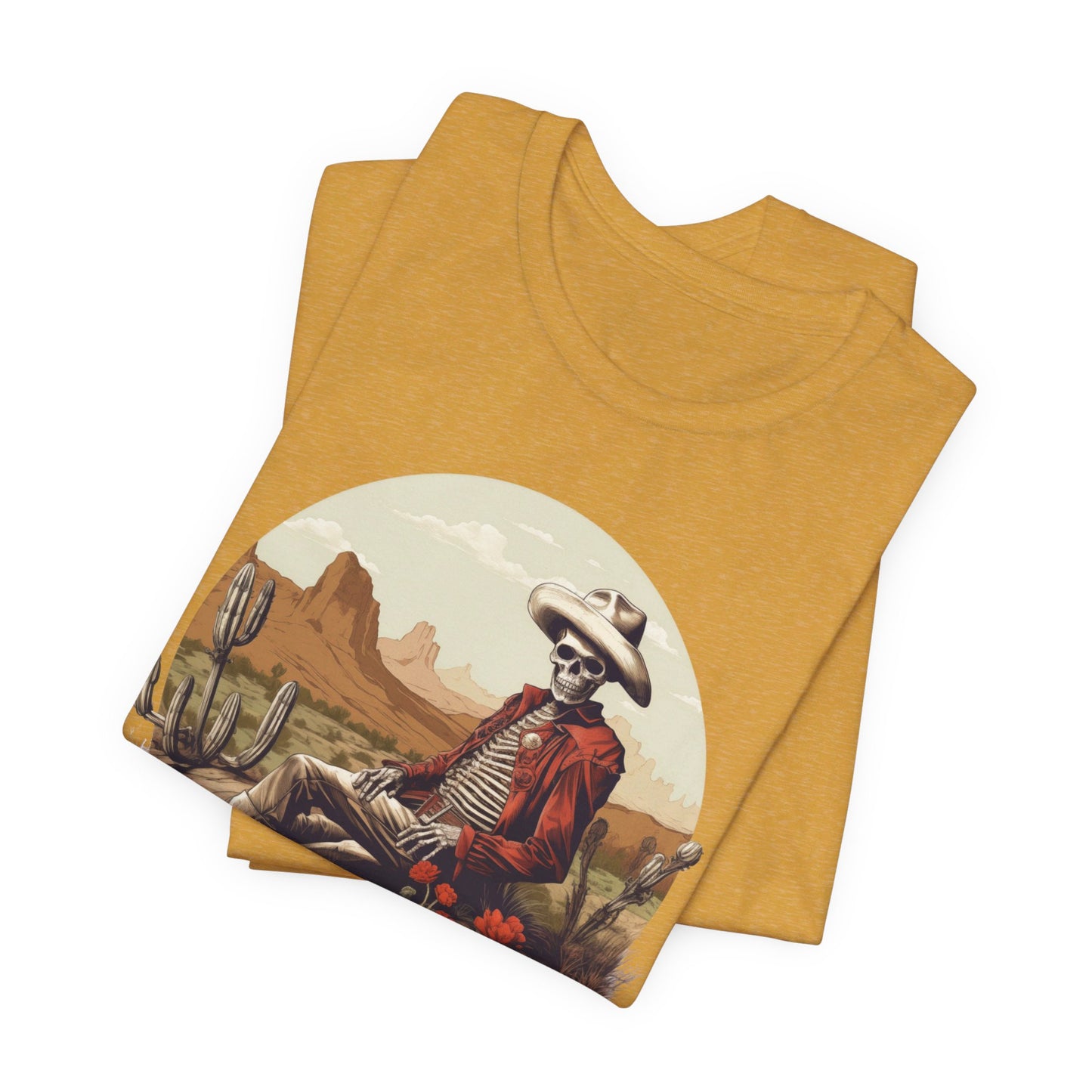 Skeleton Cowboy in Desert: Red Blazer Bella Canvas T-shirt