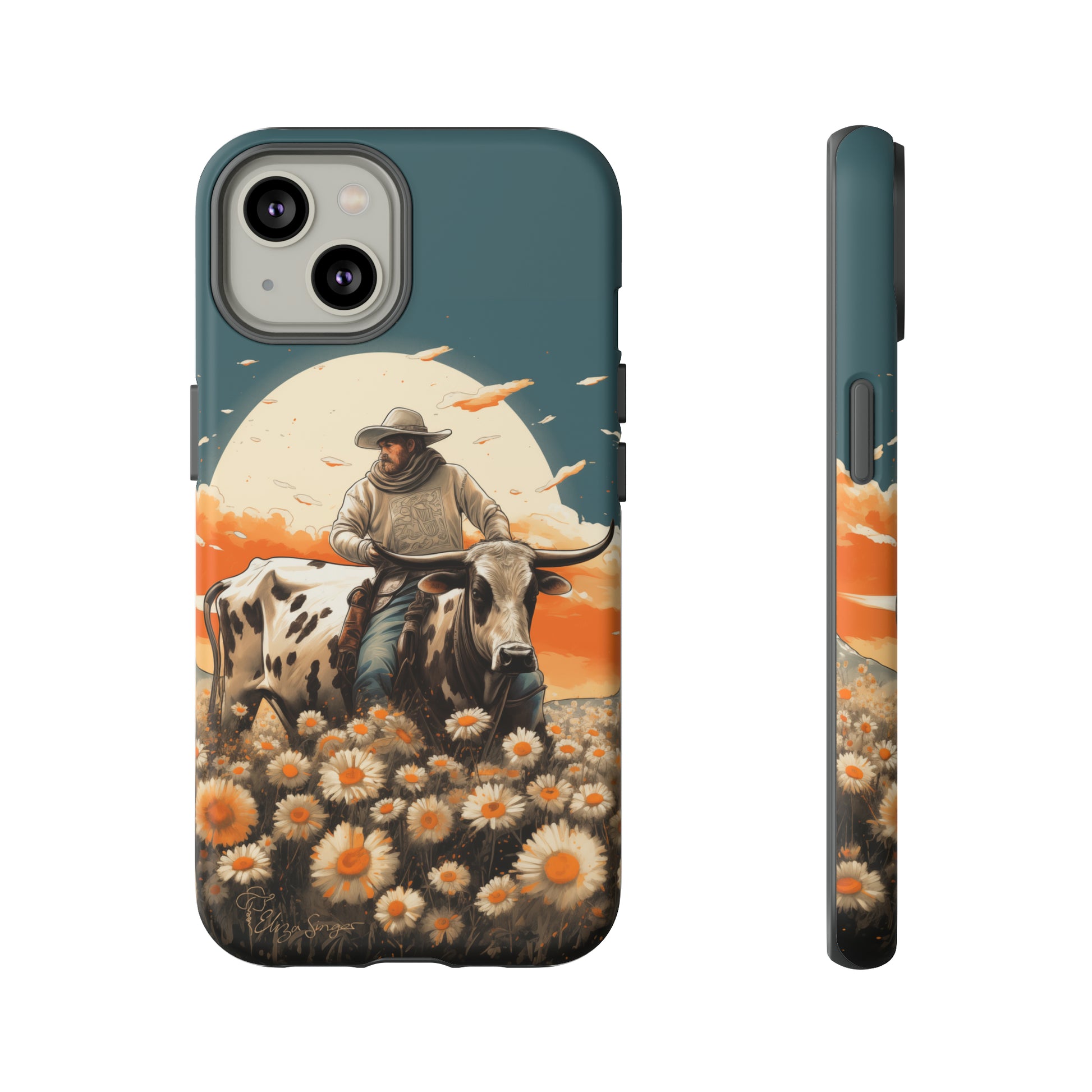 Harmony of Contrasts: Dive into our Tough Cell Phone Case, a visual symphony featuring a bullrider on a black and white dairy cow amidst a vibrant field of flowers. This edition effortlessly merges toughness with artistic flair, offering a unique and captivating contrast. Elevate your phone with rugged elegance. #ElizaSinger #PhoneCase #ContrastHarmony