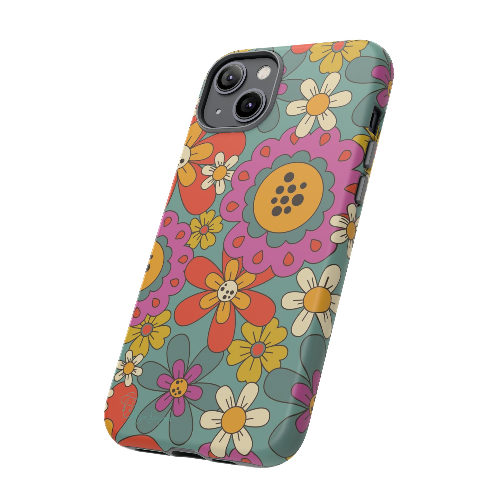 Step into the Groove: Groovy Hippie Hippy Design iPhone Tough Protective Cover. A nod to the 60's with Daisy Design in Turquoise and Pink. Compatible with iPhone 15, 14, 13, XS, XR Pro/Max/Mini/P/Plus. Embrace Retro Vibes with Style and Durability. #ElizaSinger #PhoneCase #GroovyDesign 