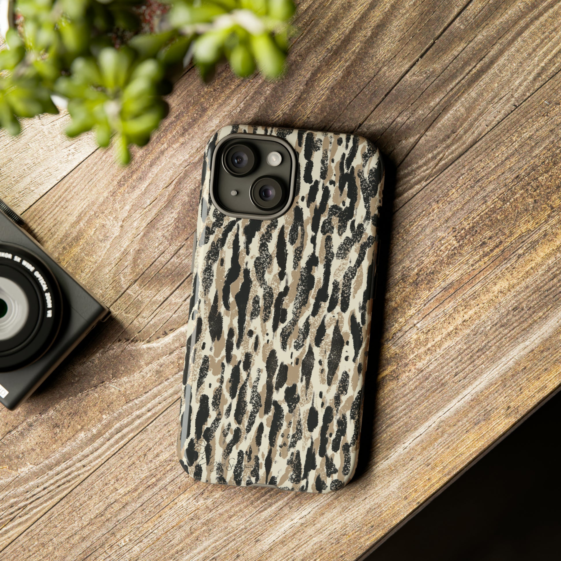 Elevate Your Tech: Abstract Neutral Animal Print iPhone Tough Protective Cover. Leopard-Painted Design in Beige and Black. Compatible with iPhone 15, 14, 13, XS, XR Pro/Max/Mini/P/Plus. Unleash the Wild with Style and Durability. #ElizaSinger #PhoneCase #LeopardPrint 