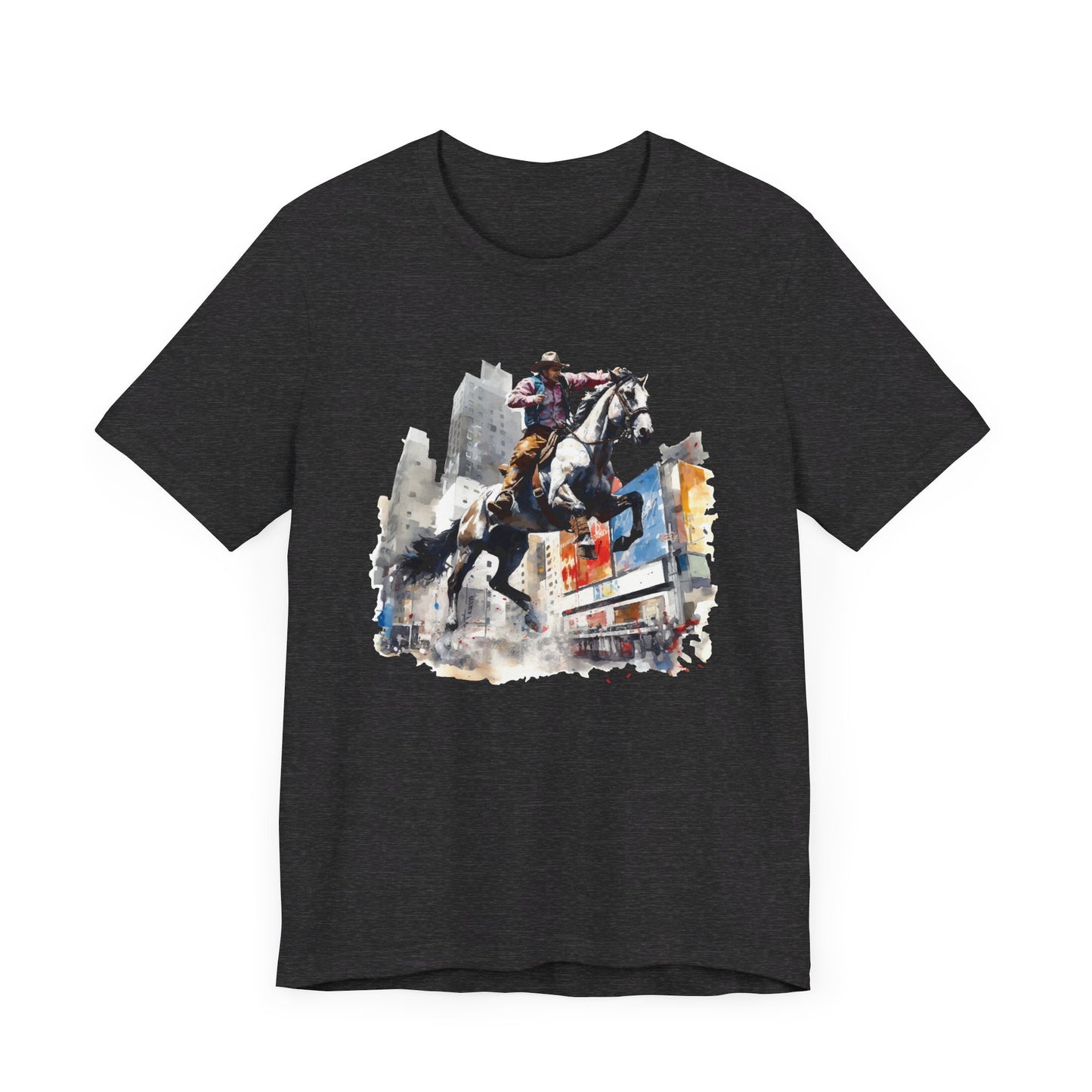 City Rodeo: Bella Canvas T-shirt with Cowboy in Urban Landscape