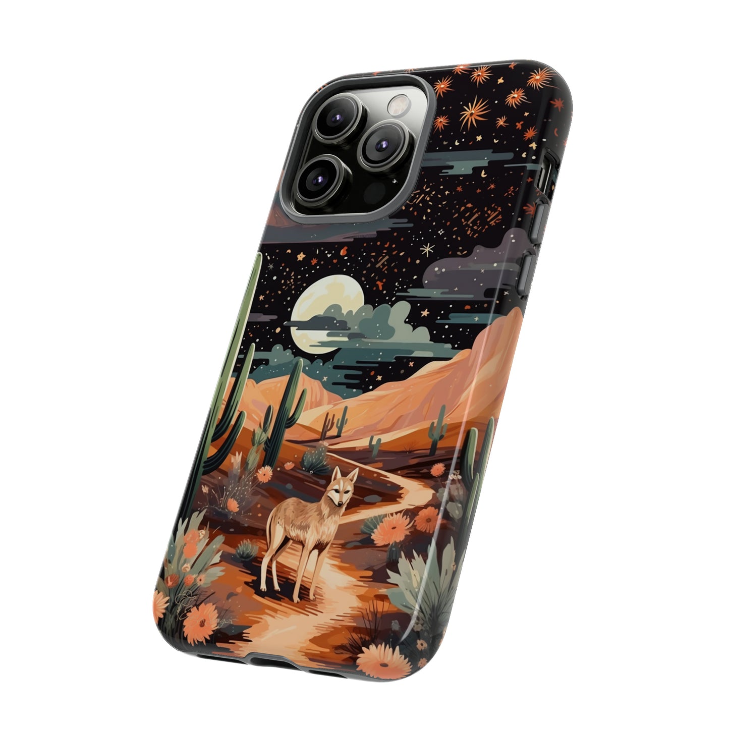 Introducing our Tough Western Cell Phone Case: Twilight Desert Jackal Remix Edition! A variation of our popular design, this edition features a jackal in a desert landscape with a starry night sky and cacti. Get ready for a unique twist on classic rugged protection.