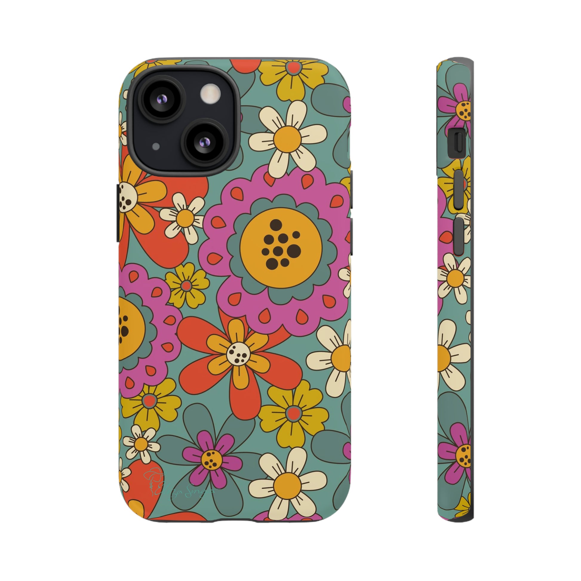 Step into the Groove: Groovy Hippie Hippy Design iPhone Tough Protective Cover. A nod to the 60's with Daisy Design in Turquoise and Pink. Compatible with iPhone 15, 14, 13, XS, XR Pro/Max/Mini/P/Plus. Embrace Retro Vibes with Style and Durability. #ElizaSinger #PhoneCase #GroovyDesign 