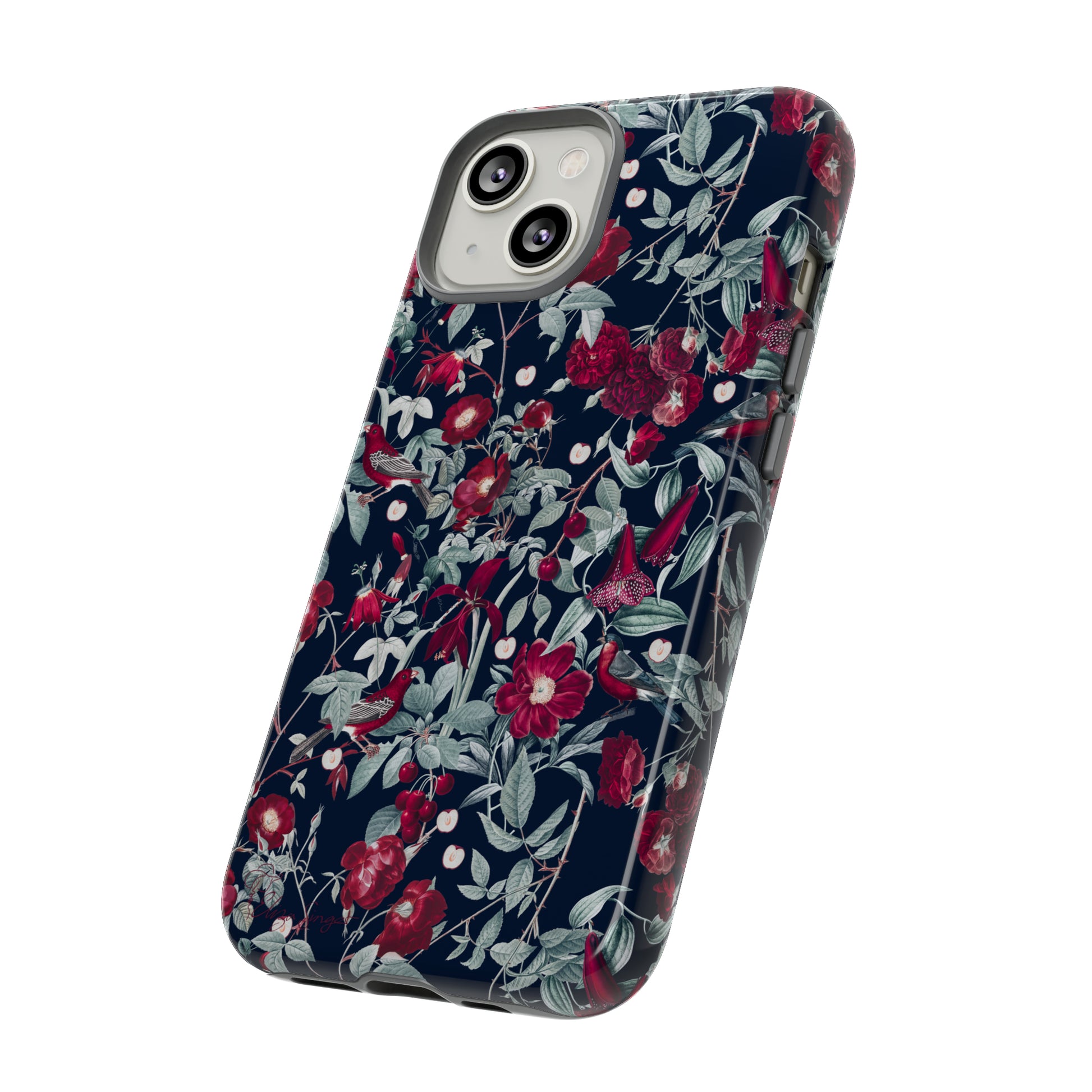 Blossom Serenade: Cherry Blossom Serenade Burgundy Navy Dark iPhone Tough Protective Cover. A captivating blend of Flowers in burgundy and navy hues, featuring a muted design. Compatible with iPhone 15, 14, 13, XS, XR Pro/Max/Mini/P/Plus. Elevate your device with this enchanting and stylish protective cover. #ElizaSinger #PhoneCase #FloralDesign