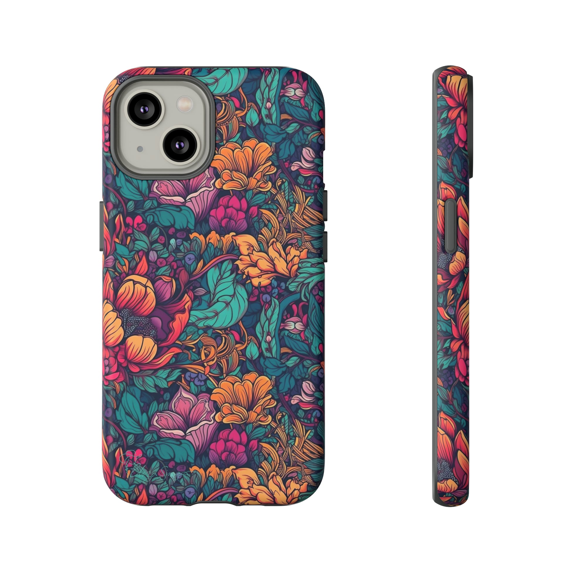 Vibrant Boho Blossoms: iPhone Tough Protective Cover. Featuring a bright abstract floral design, this case adds a touch of Bohemian flair. Compatible with iPhone 15, 14, 13, XS, XR Pro/Max/Mini/P/Plus. Embrace Boho Chic with Style and Durability. #ElizaSinger #PhoneCase #FloralDesign