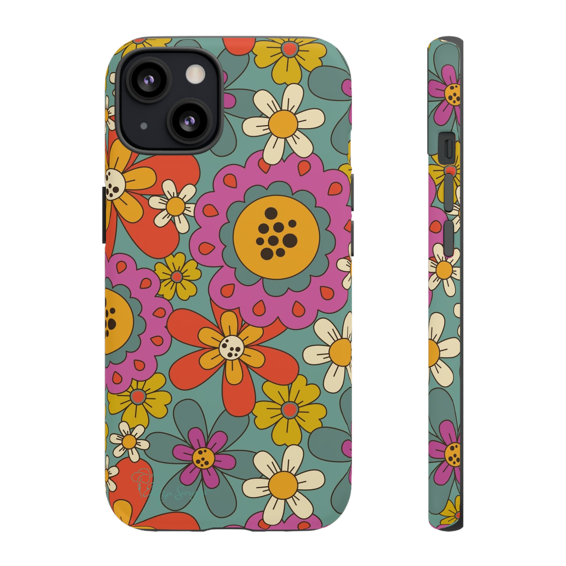 Step into the Groove: Groovy Hippie Hippy Design iPhone Tough Protective Cover. A nod to the 60's with Daisy Design in Turquoise and Pink. Compatible with iPhone 15, 14, 13, XS, XR Pro/Max/Mini/P/Plus. Embrace Retro Vibes with Style and Durability. #ElizaSinger #PhoneCase #GroovyDesign 