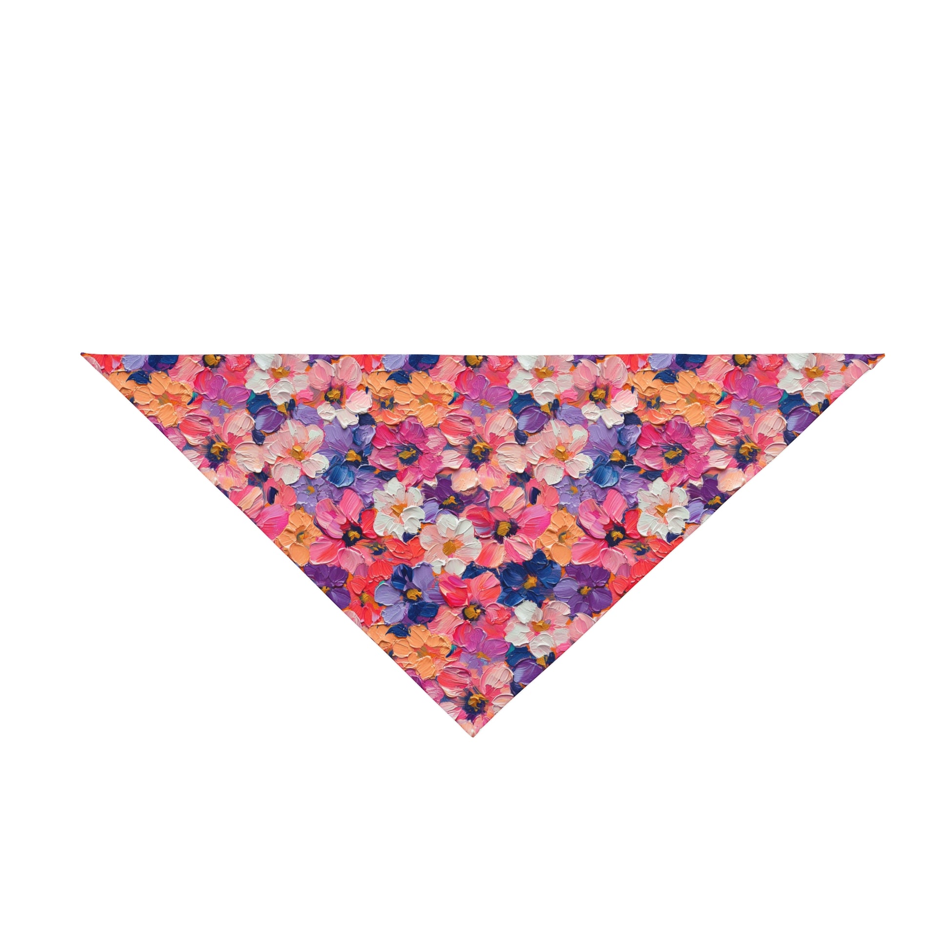 Unleash your dog's inner artist with our Artistic Bloom Dog Bandana/Wild Rag. The oil-painted flowers create a unique and vibrant look. Crafted from soft-spun polyester, this wild rag ensures comfort and style. Elevate your pup's fashion with this exclusive design, available only at Eliza Singer.
