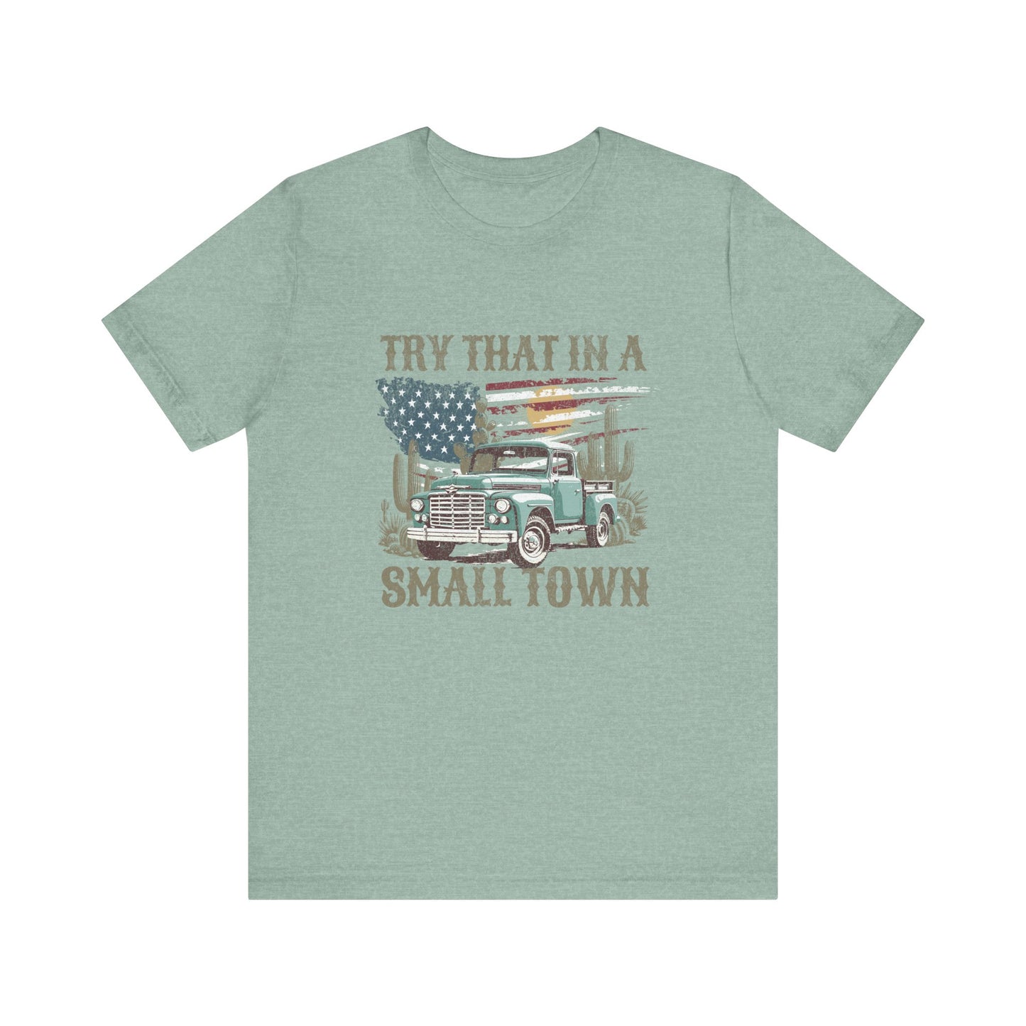 Small Town Pride: Bella Canvas T-shirt with Vintage Pickup and Flag