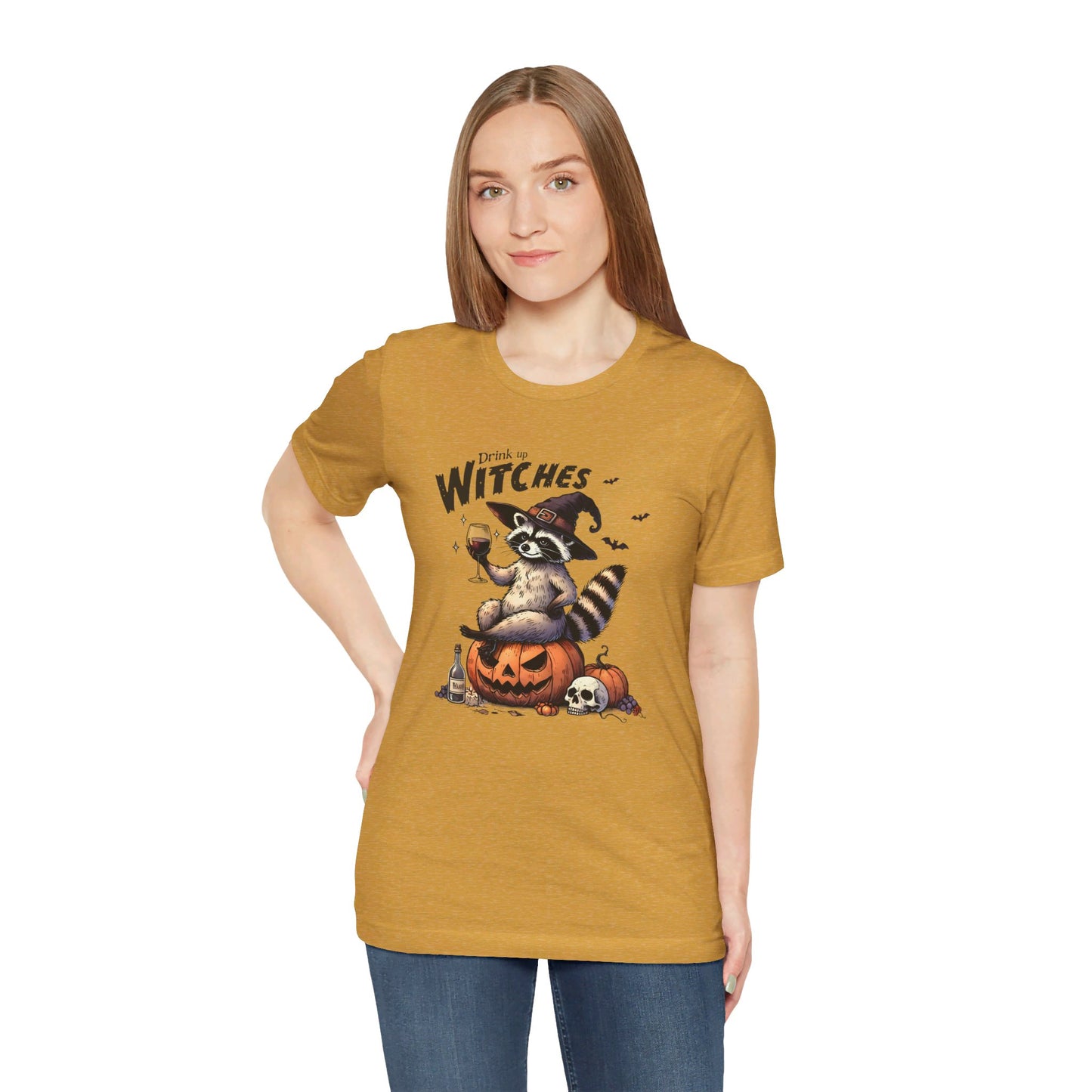Drink Up Witches: Halloween Bella Canvas T-shirt with Raccoon