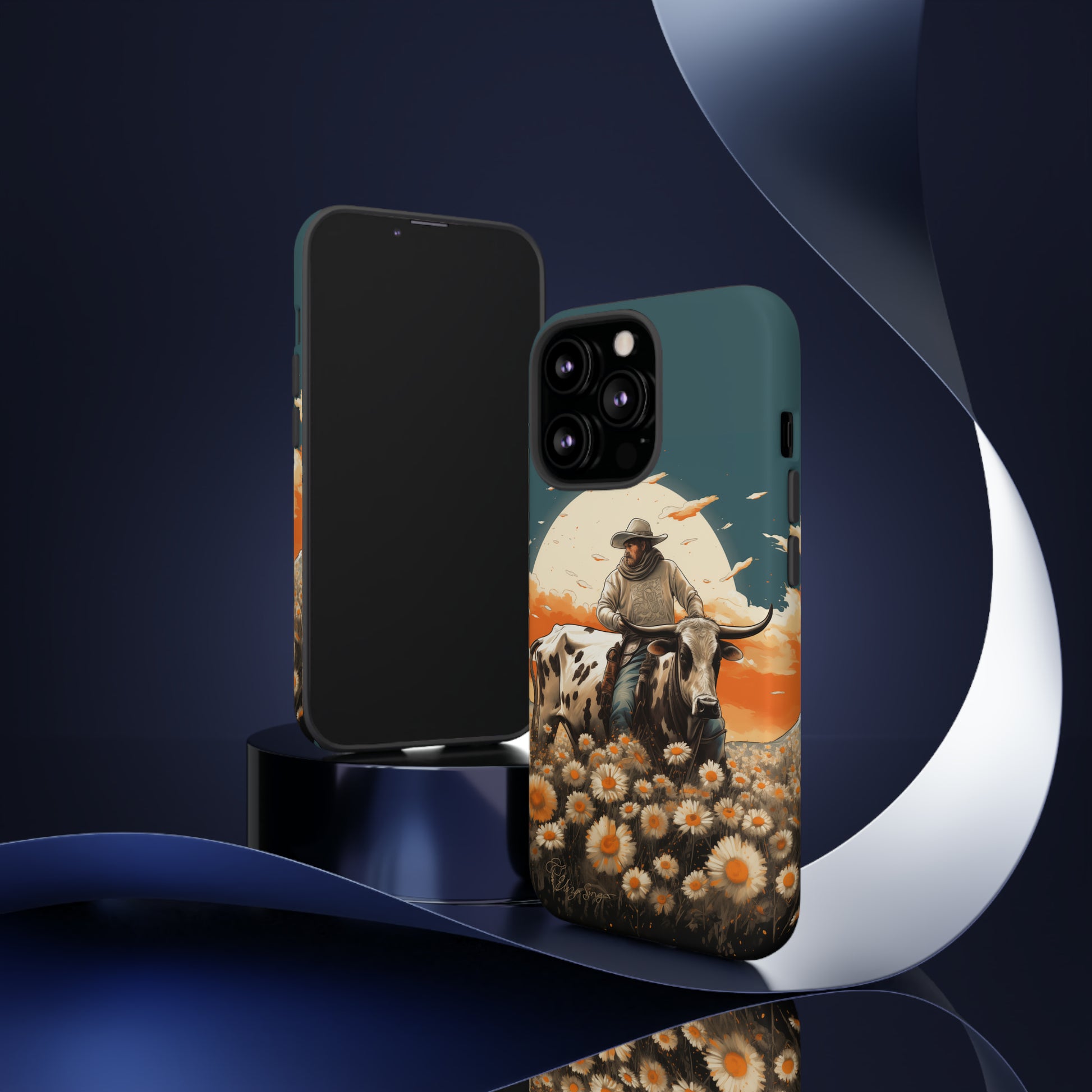 Harmony of Contrasts: Dive into our Tough Cell Phone Case, a visual symphony featuring a bullrider on a black and white dairy cow amidst a vibrant field of flowers. This edition effortlessly merges toughness with artistic flair, offering a unique and captivating contrast. Elevate your phone with rugged elegance. #ElizaSinger #PhoneCase #ContrastHarmony