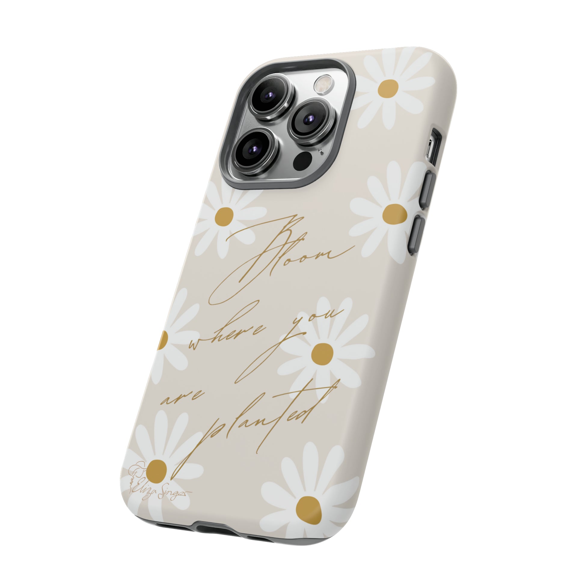 Sunny Boho Blooms: Boho Flower Daisy iPhone Tough Protective Case. A lively fusion of Flowers, Boho, and floral daisies design. Compatible with iPhone 15, 14, 13, XS, XR Pro/Max/Mini/P/Plus. Elevate Your Device with Bohemian Charm and Durability. #ElizaSinger #PhoneCase #FloralDesign