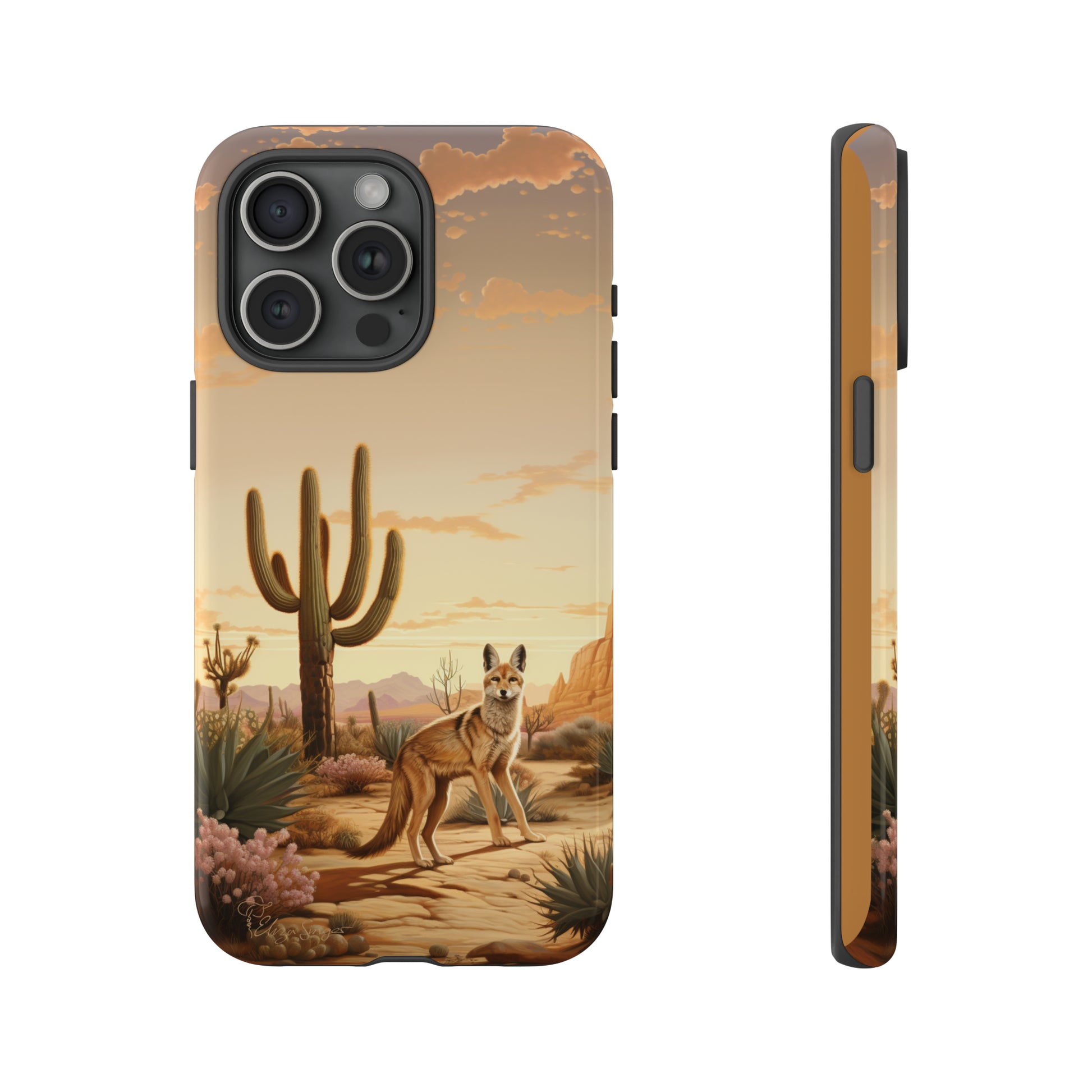Unveiling our Western Tough Cell Phone Case: Dusk Jackal Oasis Edition! Witness the beauty of dusk with a jackal in a desert landscape next to a cactus. This design offers both rugged protection and a touch of twilight elegance.