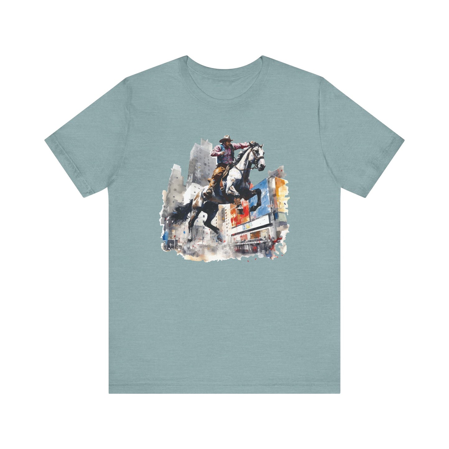 City Rodeo: Bella Canvas T-shirt with Cowboy in Urban Landscape