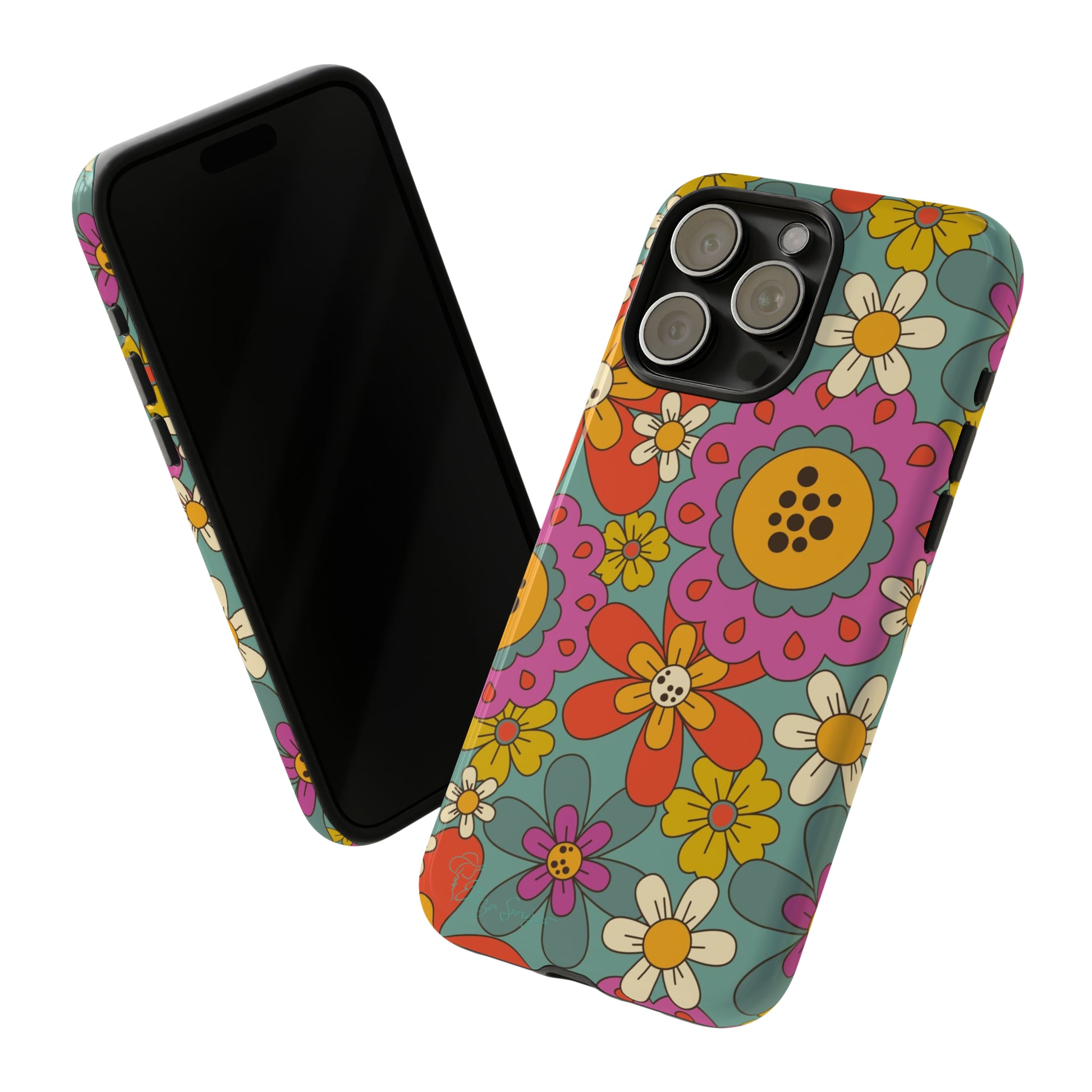 Step into the Groove: Groovy Hippie Hippy Design iPhone Tough Protective Cover. A nod to the 60's with Daisy Design in Turquoise and Pink. Compatible with iPhone 15, 14, 13, XS, XR Pro/Max/Mini/P/Plus. Embrace Retro Vibes with Style and Durability. #ElizaSinger #PhoneCase #GroovyDesign 