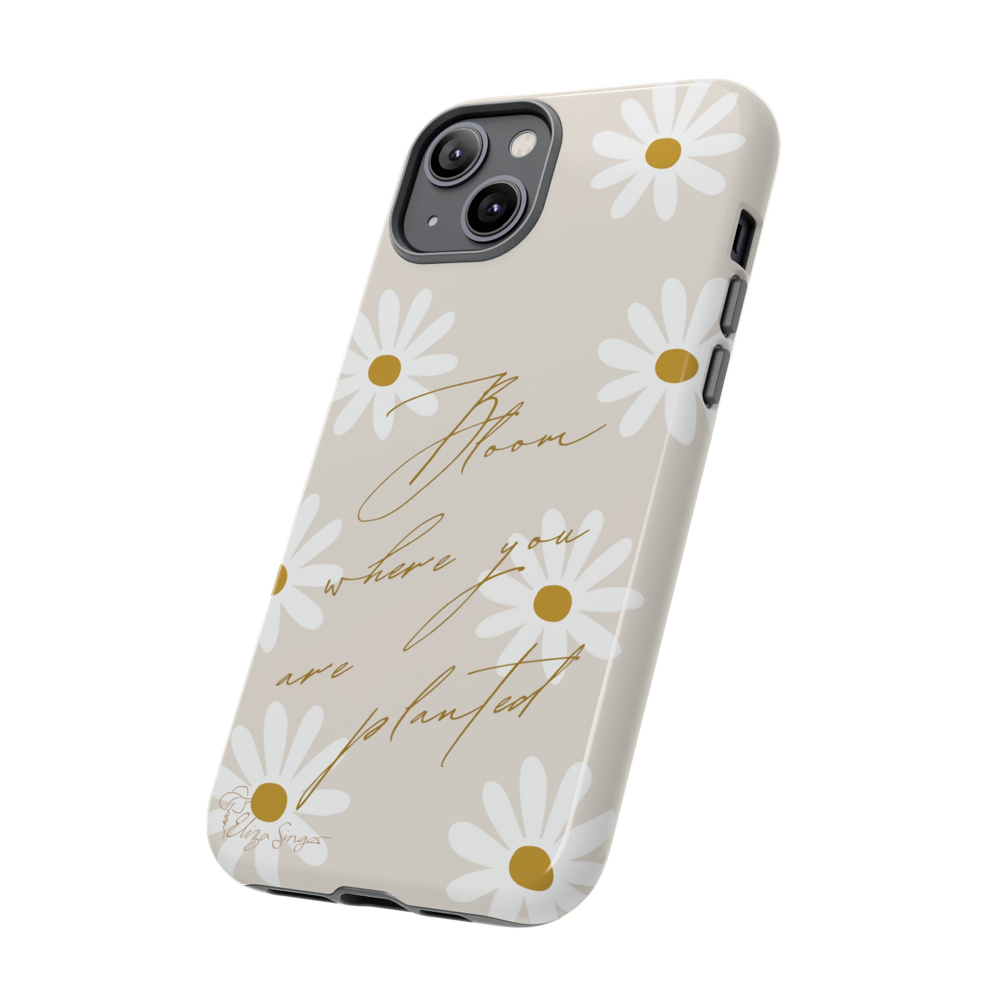 Sunny Boho Blooms: Boho Flower Daisy iPhone Tough Protective Case. A lively fusion of Flowers, Boho, and floral daisies design. Compatible with iPhone 15, 14, 13, XS, XR Pro/Max/Mini/P/Plus. Elevate Your Device with Bohemian Charm and Durability. #ElizaSinger #PhoneCase #FloralDesign
