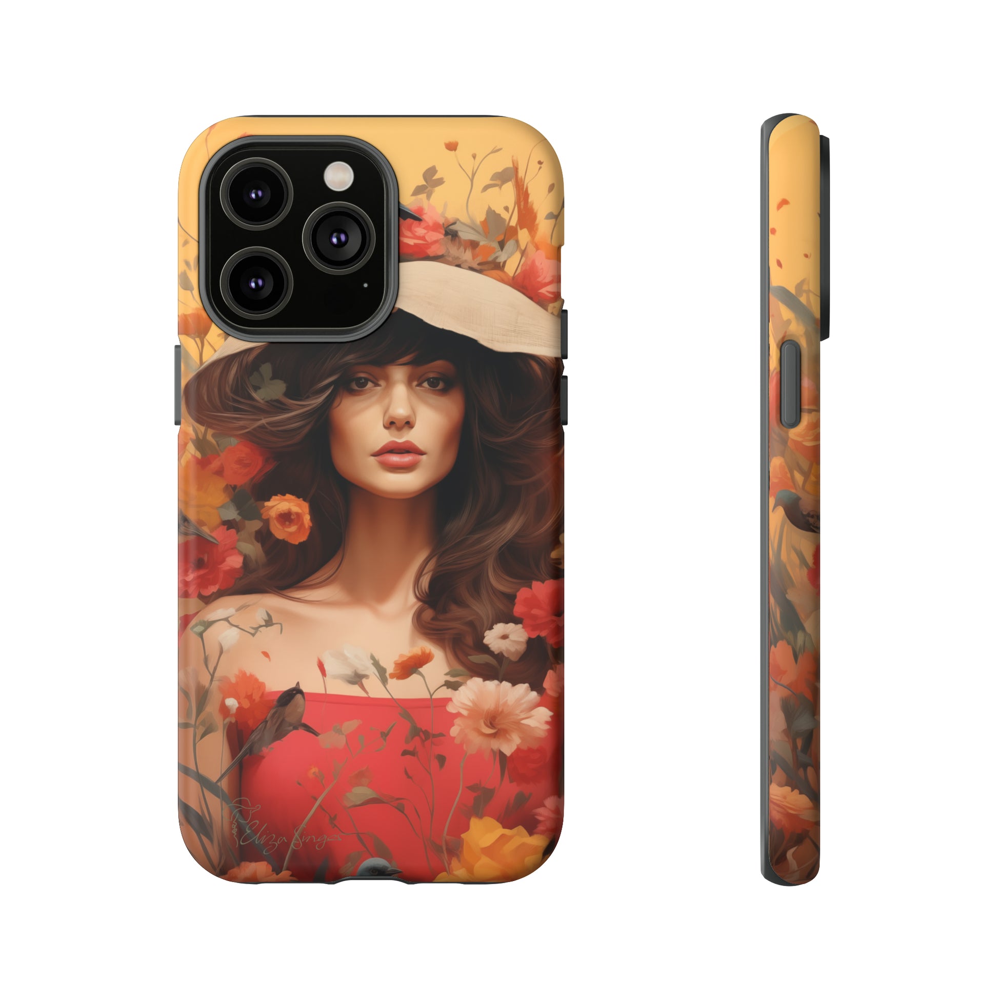 Bask in Sunshine: Embrace the warmth with our Tough Cell Phone Case. A yellow backdrop and a woman in a hat surrounded by flowers create a radiant design. Experience the perfect blend of style and protection, bringing sunshine into your everyday. Elevate your phone with a burst of brightness. #ElizaSinger #PhoneCase #SunshineRadiance