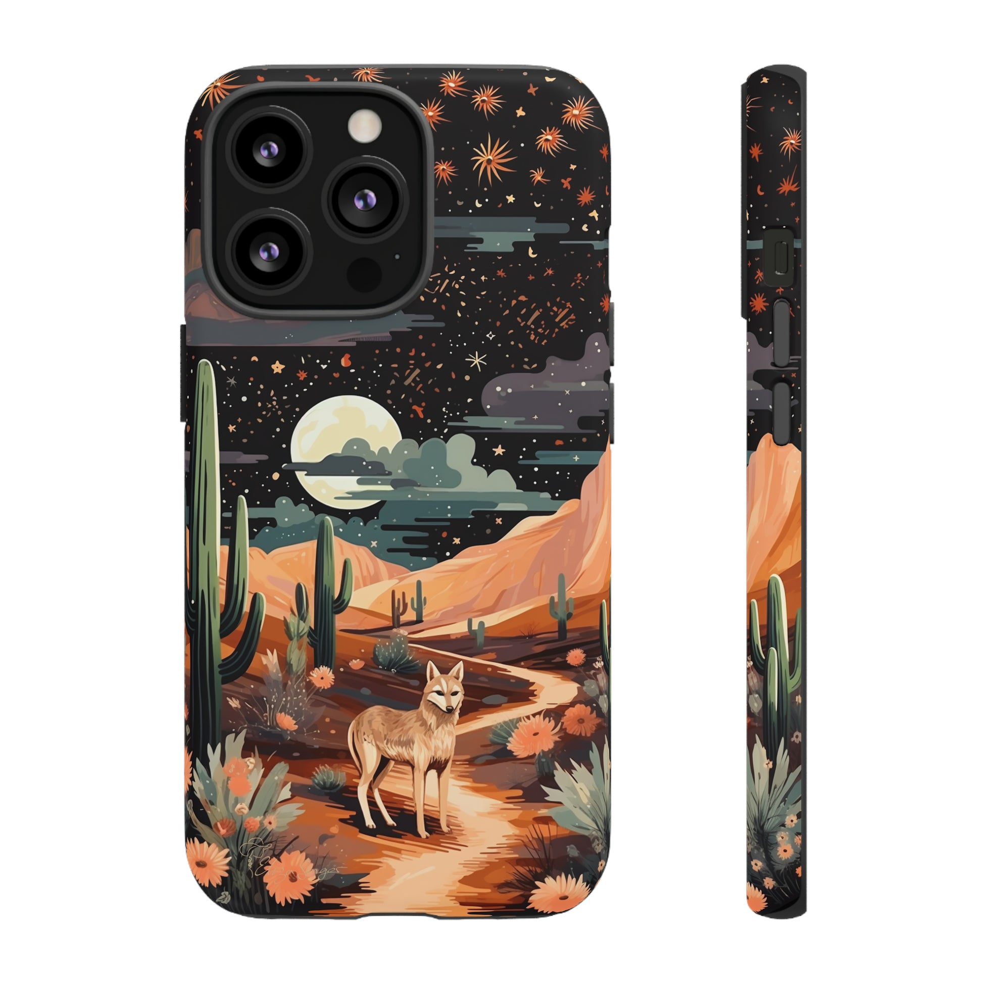 Introducing our Tough Western Cell Phone Case: Twilight Desert Jackal Remix Edition! A variation of our popular design, this edition features a jackal in a desert landscape with a starry night sky and cacti. Get ready for a unique twist on classic rugged protection.