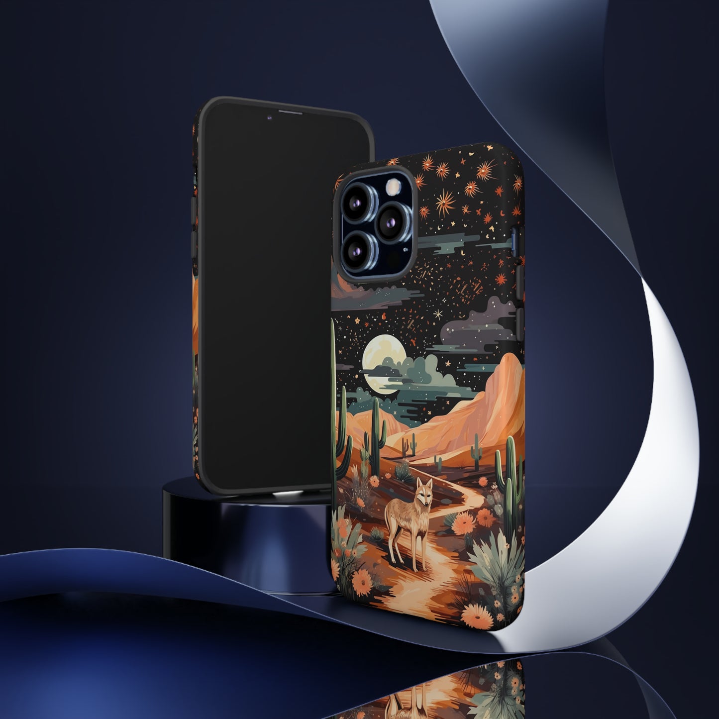 Unveiling our Tough Western Cell Phone Case: Stellar Desert Jackal Edition! Embrace the beauty of the night with a jackal in a desert landscape, under a starry sky, surrounded by cacti. This case provides rugged protection with a touch of celestial elegance.