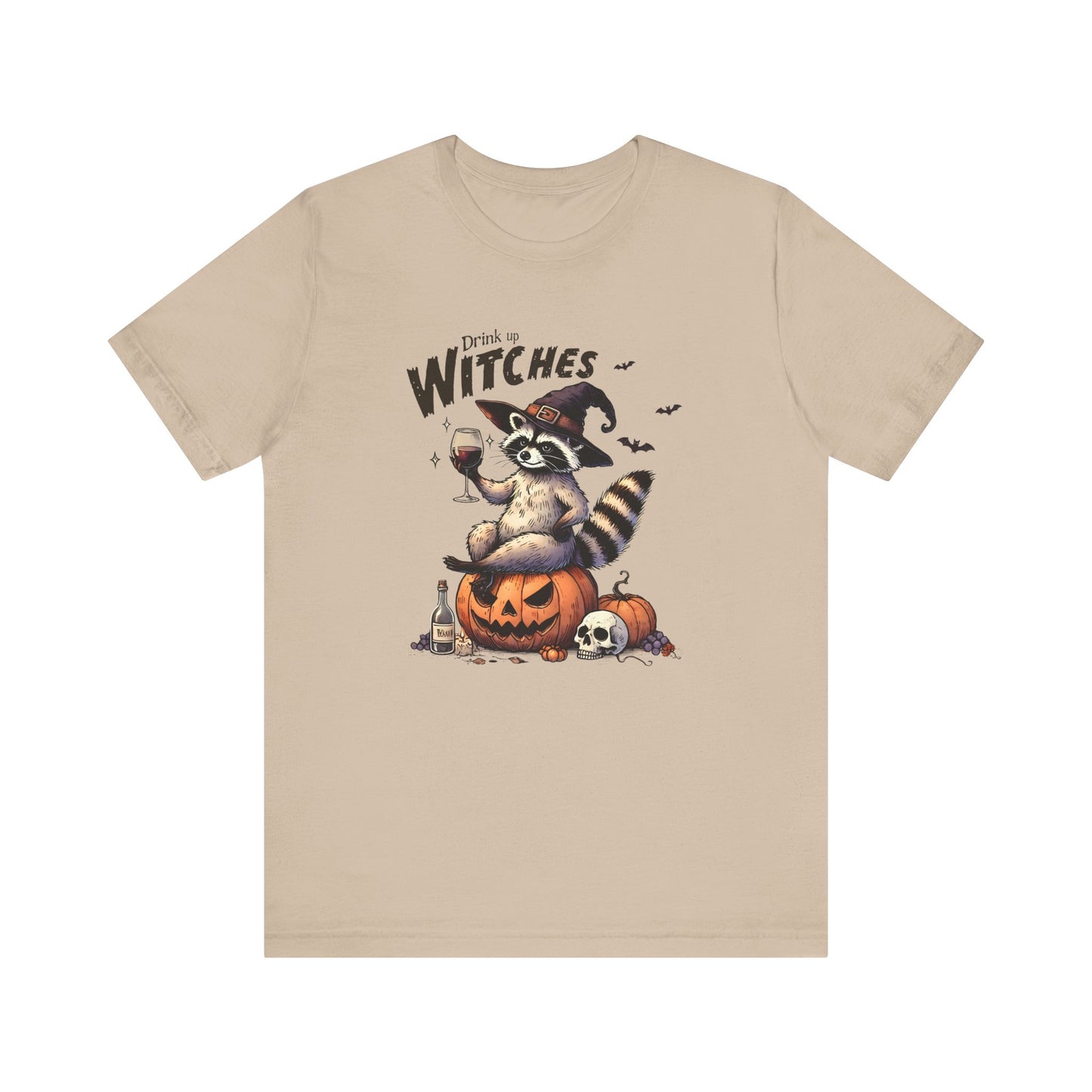 Drink Up Witches: Halloween Bella Canvas T-shirt with Raccoon