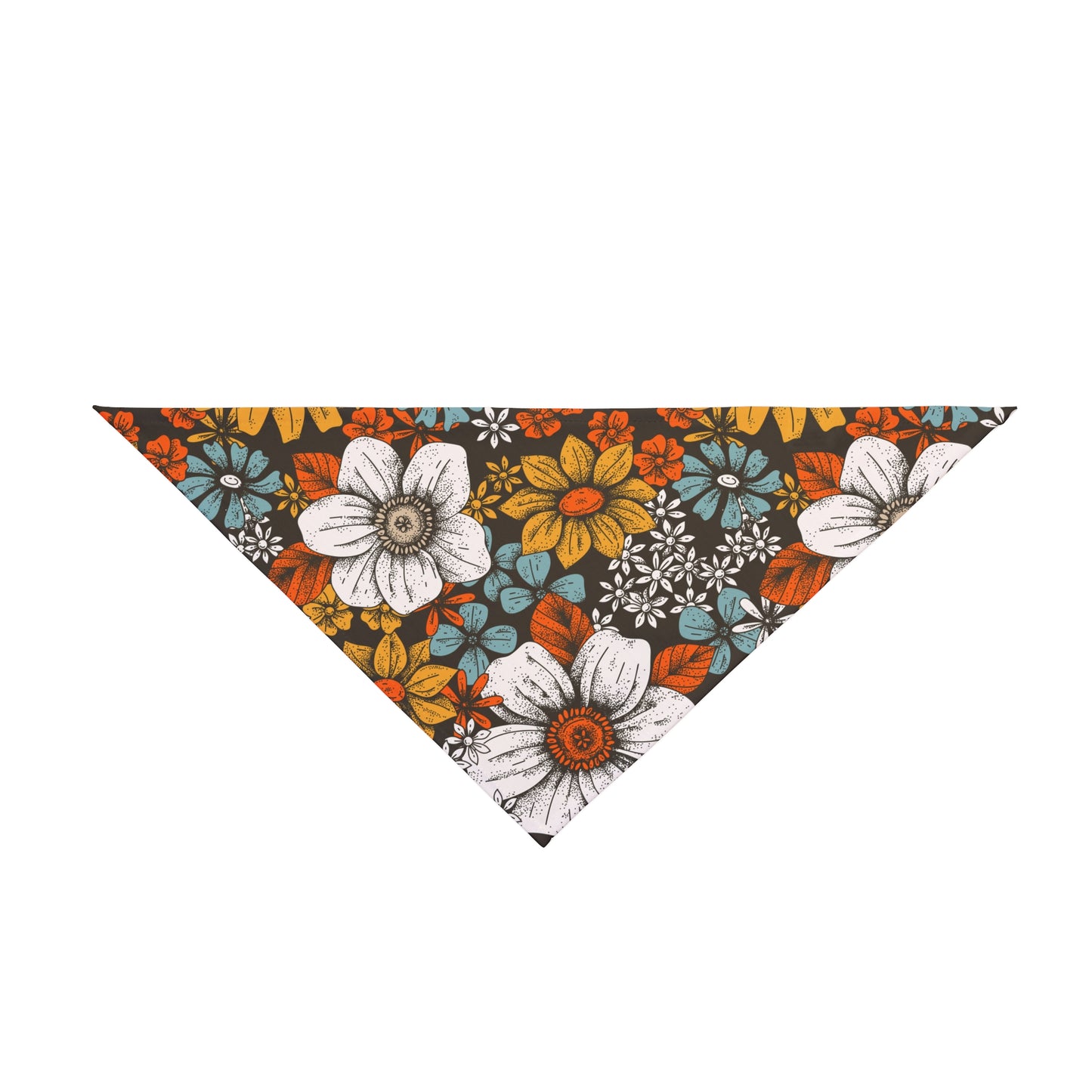 Transform your dog's look with our Illustrated Blooms Dog Bandana/Wild Rag. The illustration-style flowers in white, mustard, turquoise, and red on a black background create a captivating and artistic vibe. Crafted from soft-spun polyester, this wild rag ensures comfort and style. Elevate your pup's fashion game with this exclusive design, available only at Eliza Singer.