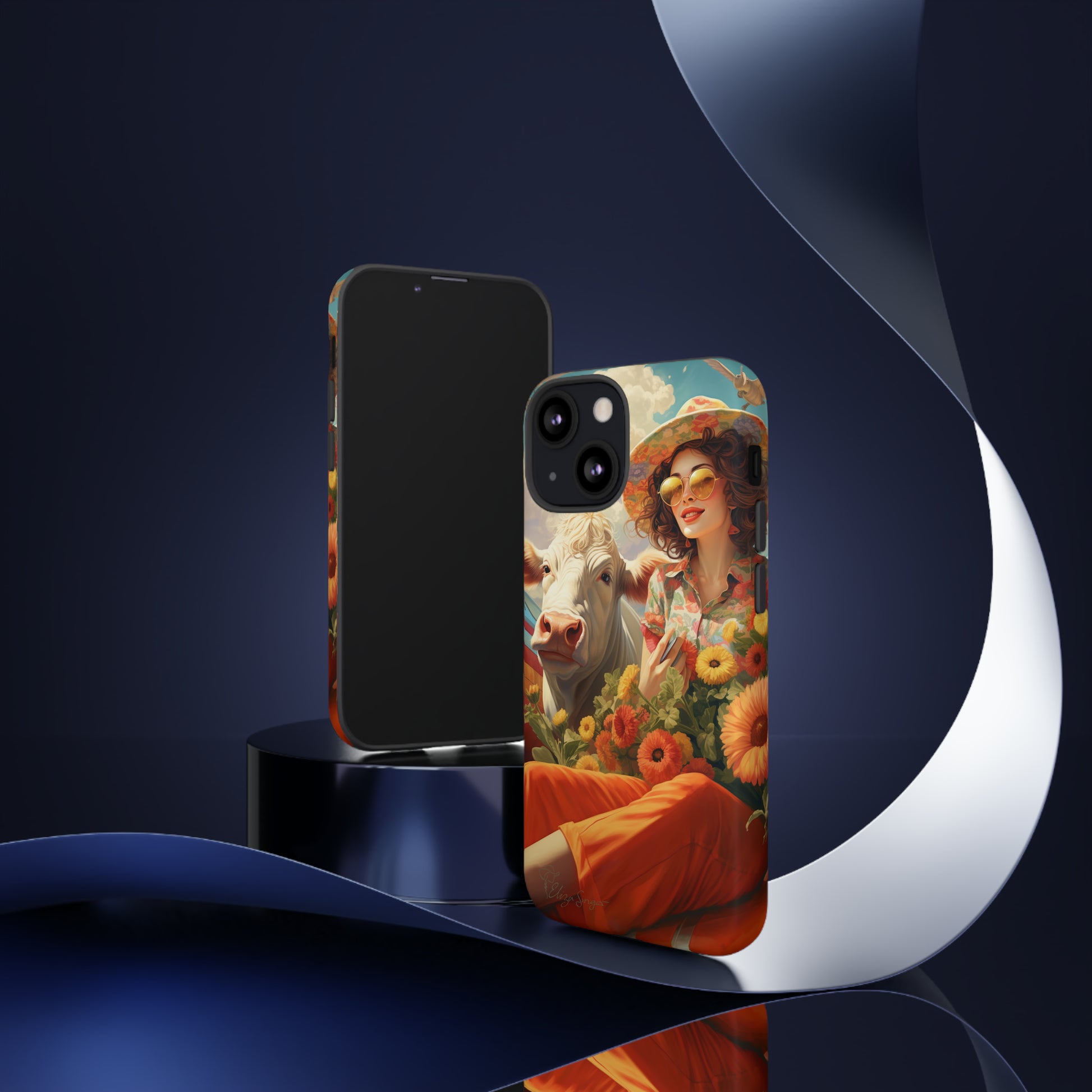 Timeless Retro Charm: Step back in time with our Tough Western Cell Phone Case. Featuring a vintage and bright design, a woman in a hat with daisies is accompanied by a cow looking over her shoulder. Experience the perfect blend of retro aesthetics and durability. Elevate your style with a touch of nostalgia. #ElizaSinger #PhoneCase #RetroStyle 