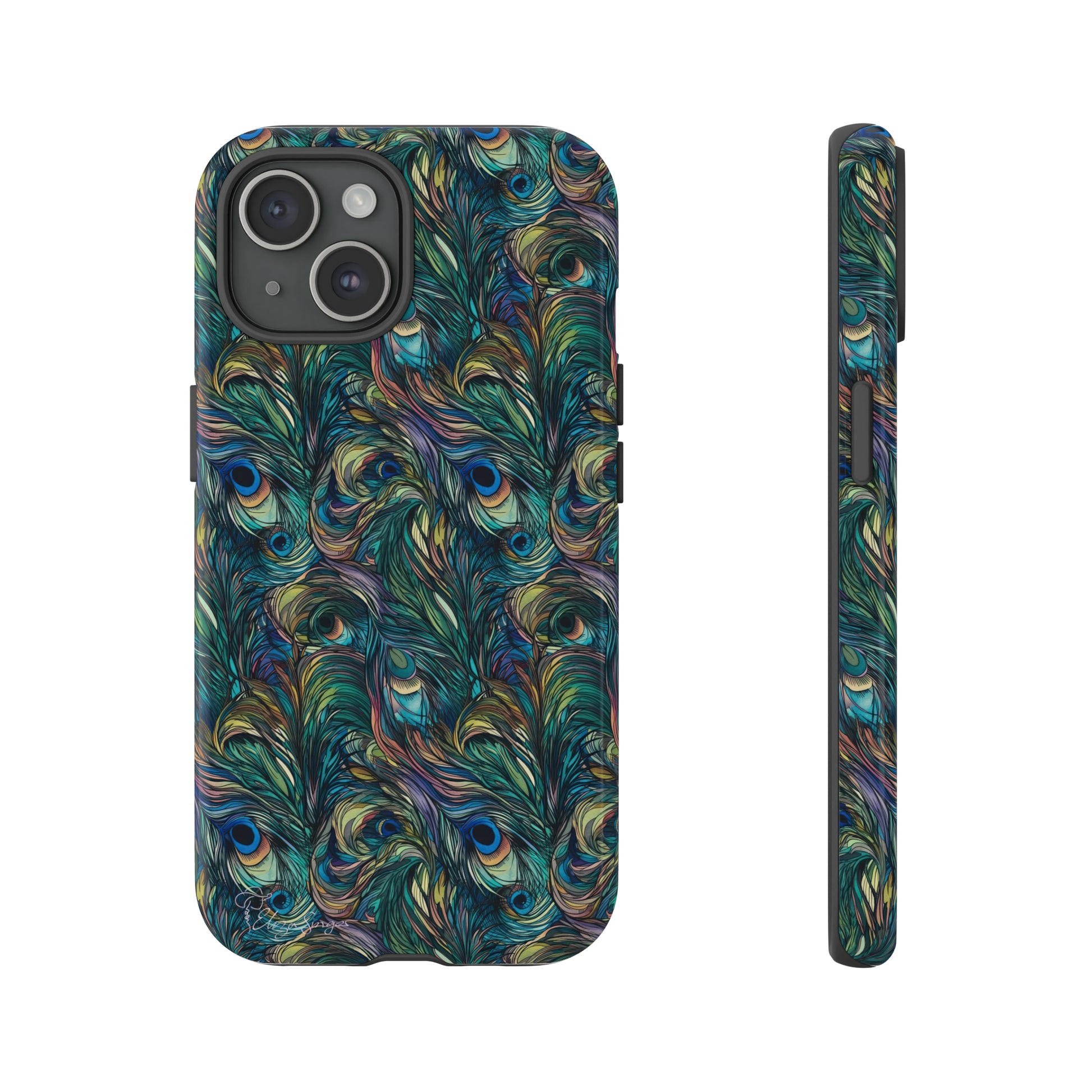 Feathered Elegance: Boho Feather Peacock Vibrant Art iPhone Tough Protective Cover. Adorned with Turquoise Feathers, compatible with iPhone 15, 14, 13, XS, XR Pro/Max/Mini/P/Plus. Embrace Bohemian Vibes with Style and Durability. #ElizaSinger #PhoneCase #BohoFeathers