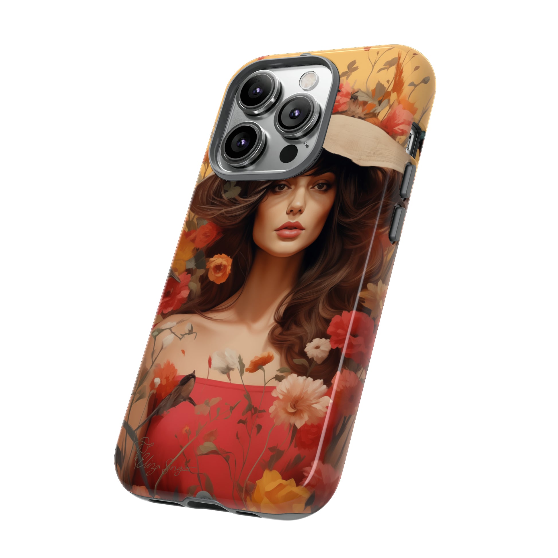Bask in Sunshine: Embrace the warmth with our Tough Cell Phone Case. A yellow backdrop and a woman in a hat surrounded by flowers create a radiant design. Experience the perfect blend of style and protection, bringing sunshine into your everyday. Elevate your phone with a burst of brightness. #ElizaSinger #PhoneCase #SunshineRadiance