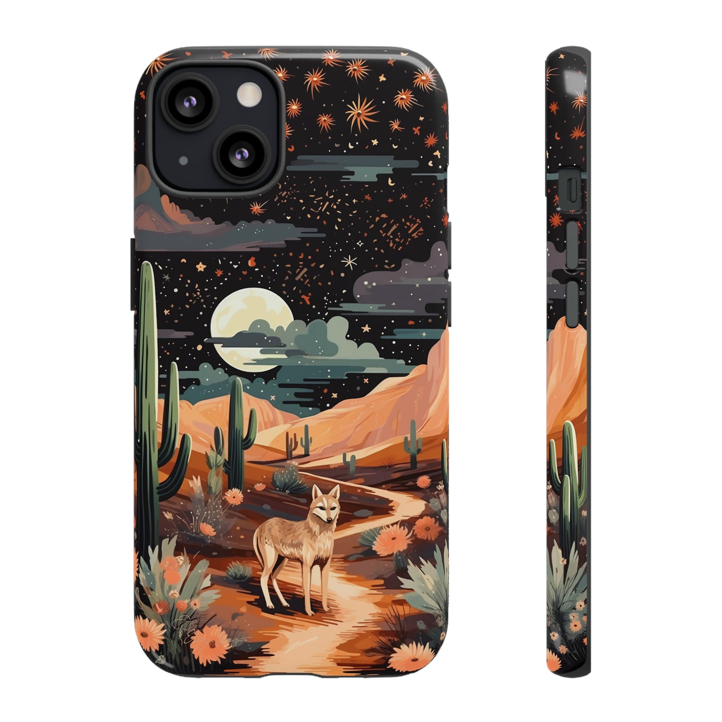 Introducing our Tough Western Cell Phone Case: Twilight Desert Jackal Remix Edition! A variation of our popular design, this edition features a jackal in a desert landscape with a starry night sky and cacti. Get ready for a unique twist on classic rugged protection.