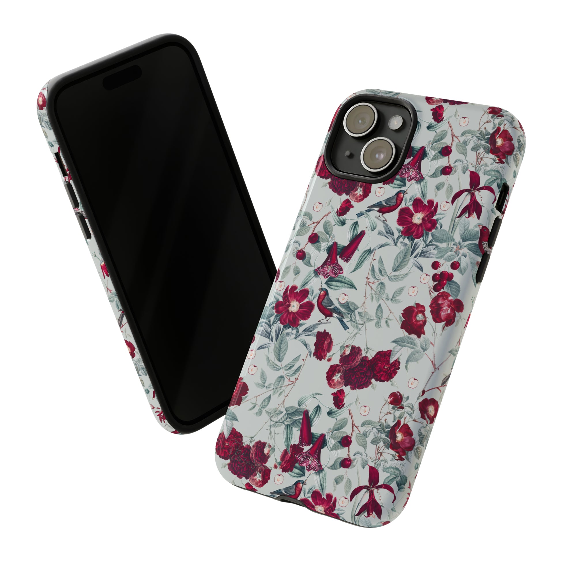 Cherry Blossom Serenade: Cherish nature's beauty with 'Cherry Blossom Serenade.' This iPhone case features flowers and burgundy birds on a blue background, creating a captivating floral wildlife bird and flower design. Elevate your device with this enchanting and stylish protective cover. #ElizaSinger #PhoneCase #FloralDesign