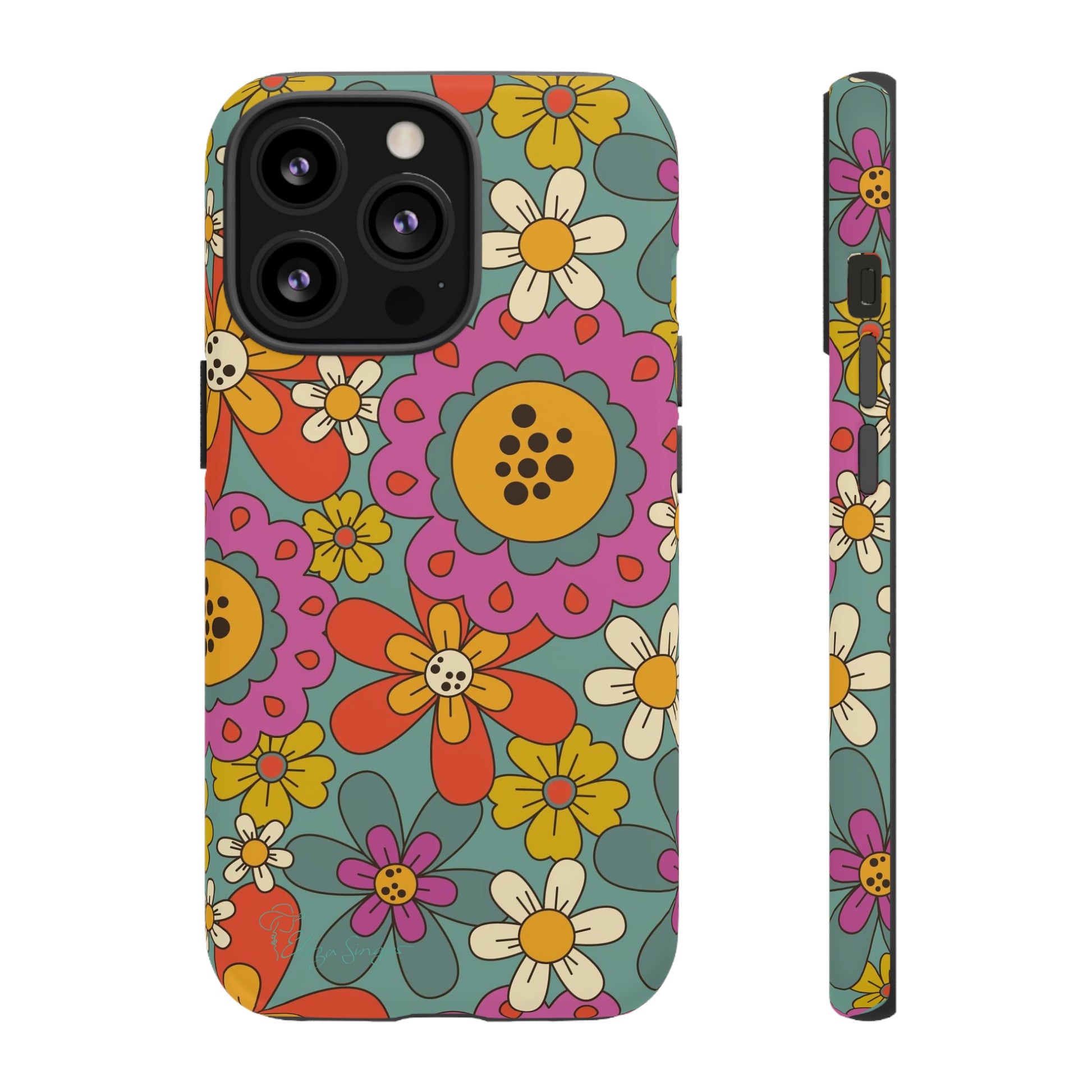 Step into the Groove: Groovy Hippie Hippy Design iPhone Tough Protective Cover. A nod to the 60's with Daisy Design in Turquoise and Pink. Compatible with iPhone 15, 14, 13, XS, XR Pro/Max/Mini/P/Plus. Embrace Retro Vibes with Style and Durability. #ElizaSinger #PhoneCase #GroovyDesign 
