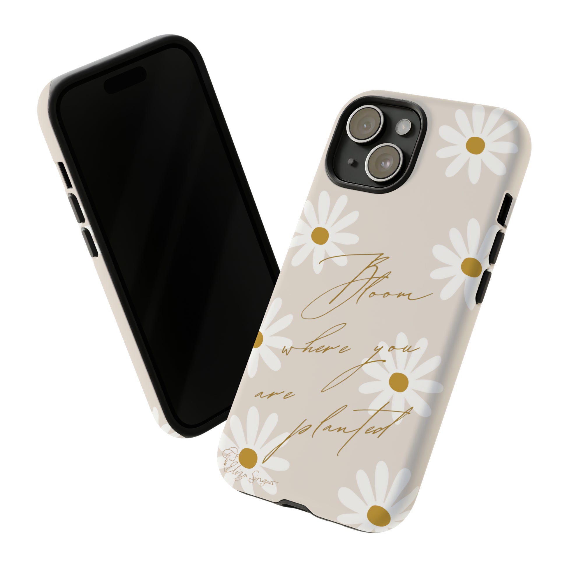 Sunny Boho Blooms: Boho Flower Daisy iPhone Tough Protective Case. A lively fusion of Flowers, Boho, and floral daisies design. Compatible with iPhone 15, 14, 13, XS, XR Pro/Max/Mini/P/Plus. Elevate Your Device with Bohemian Charm and Durability. #ElizaSinger #PhoneCase #FloralDesign