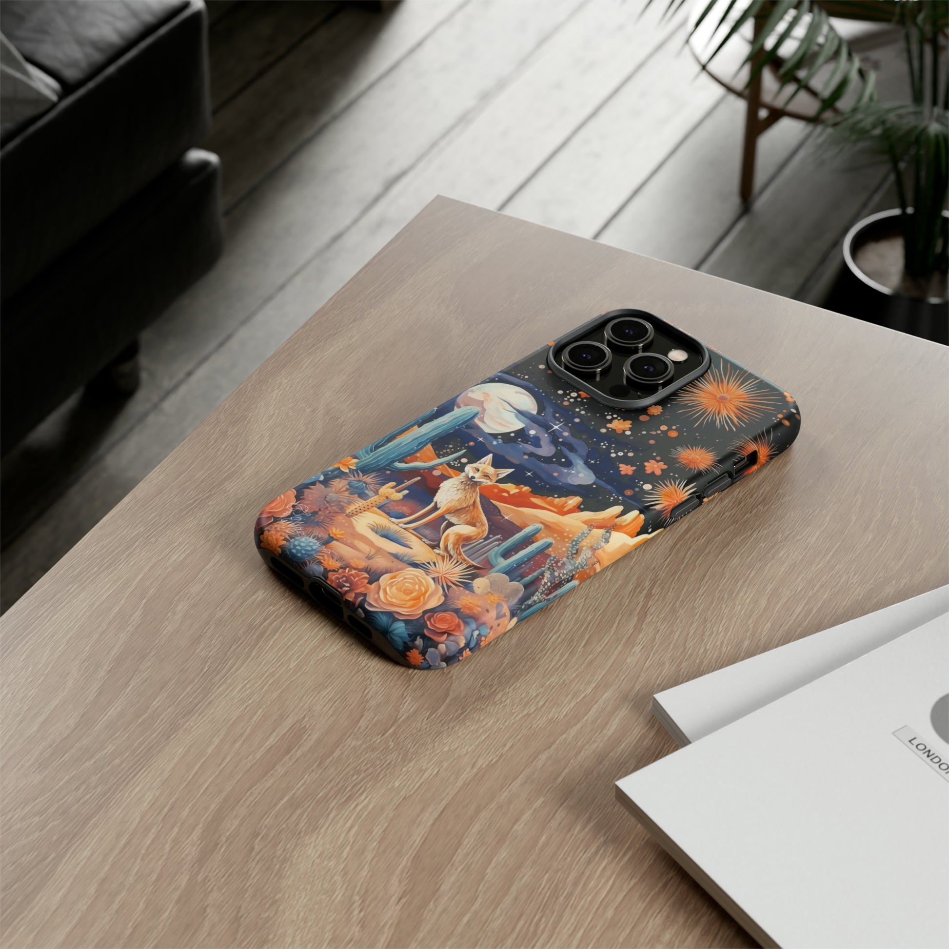 Introducing our Tough Western Cell Phone Case: Midnight Mirage Jackal Edition! Dive into the mysterious desert night with a striking depiction of a jackal, cacti, and a starry sky. This design offers the ideal combination of durability and desert charm.