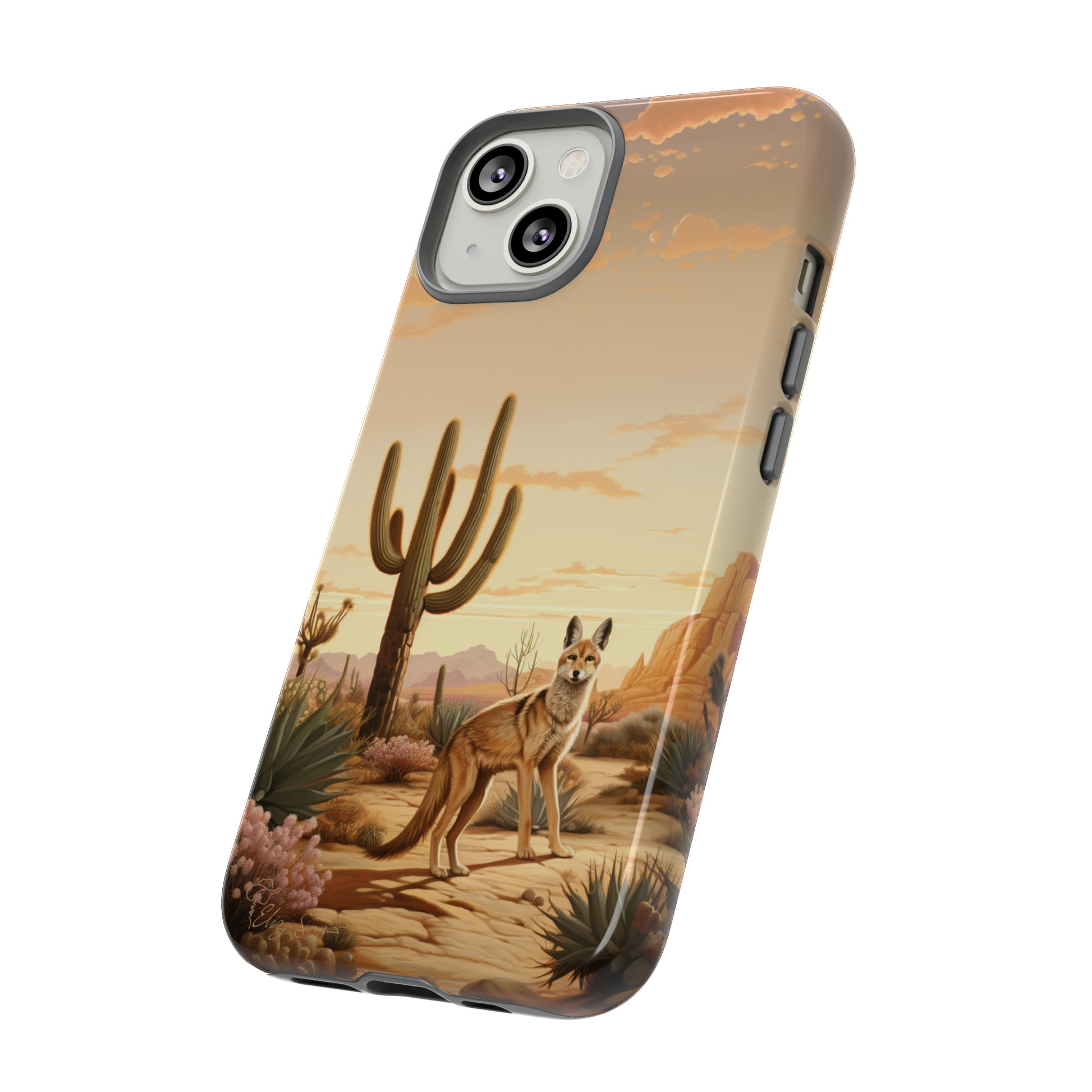 Unveiling our Western Tough Cell Phone Case: Dusk Jackal Oasis Edition! Witness the beauty of dusk with a jackal in a desert landscape next to a cactus. This design offers both rugged protection and a touch of twilight elegance.