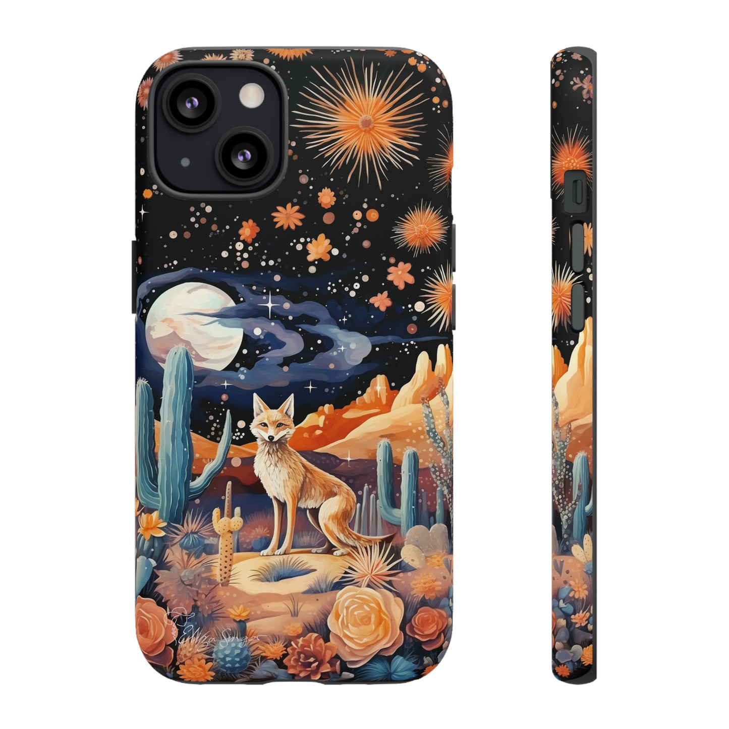 Introducing our Tough Western Cell Phone Case: Midnight Mirage Jackal Edition! Dive into the mysterious desert night with a striking depiction of a jackal, cacti, and a starry sky. This design offers the ideal combination of durability and desert charm.