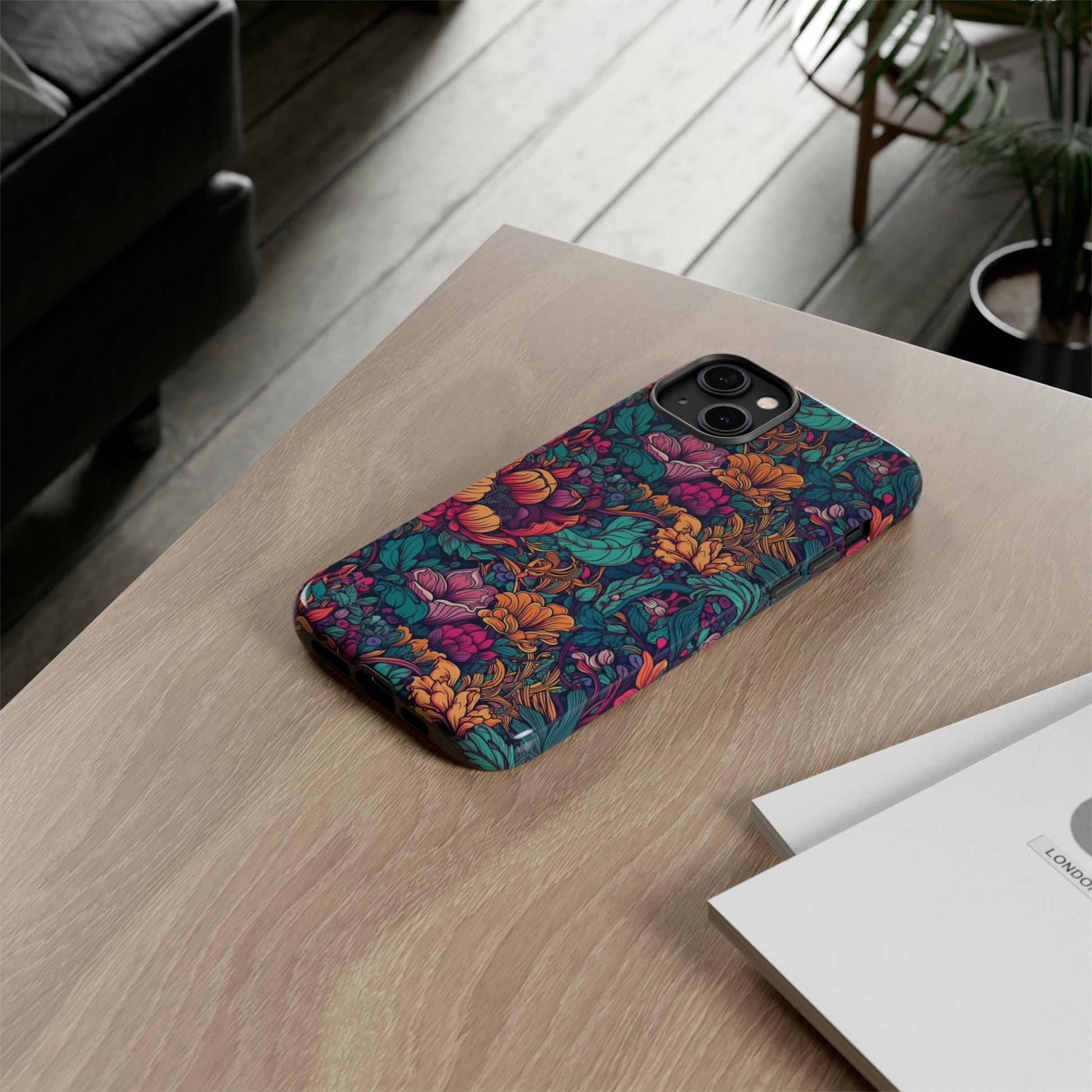 Vibrant Boho Blossoms: iPhone Tough Protective Cover. Featuring a bright abstract floral design, this case adds a touch of Bohemian flair. Compatible with iPhone 15, 14, 13, XS, XR Pro/Max/Mini/P/Plus. Embrace Boho Chic with Style and Durability. #ElizaSinger #PhoneCase #FloralDesign