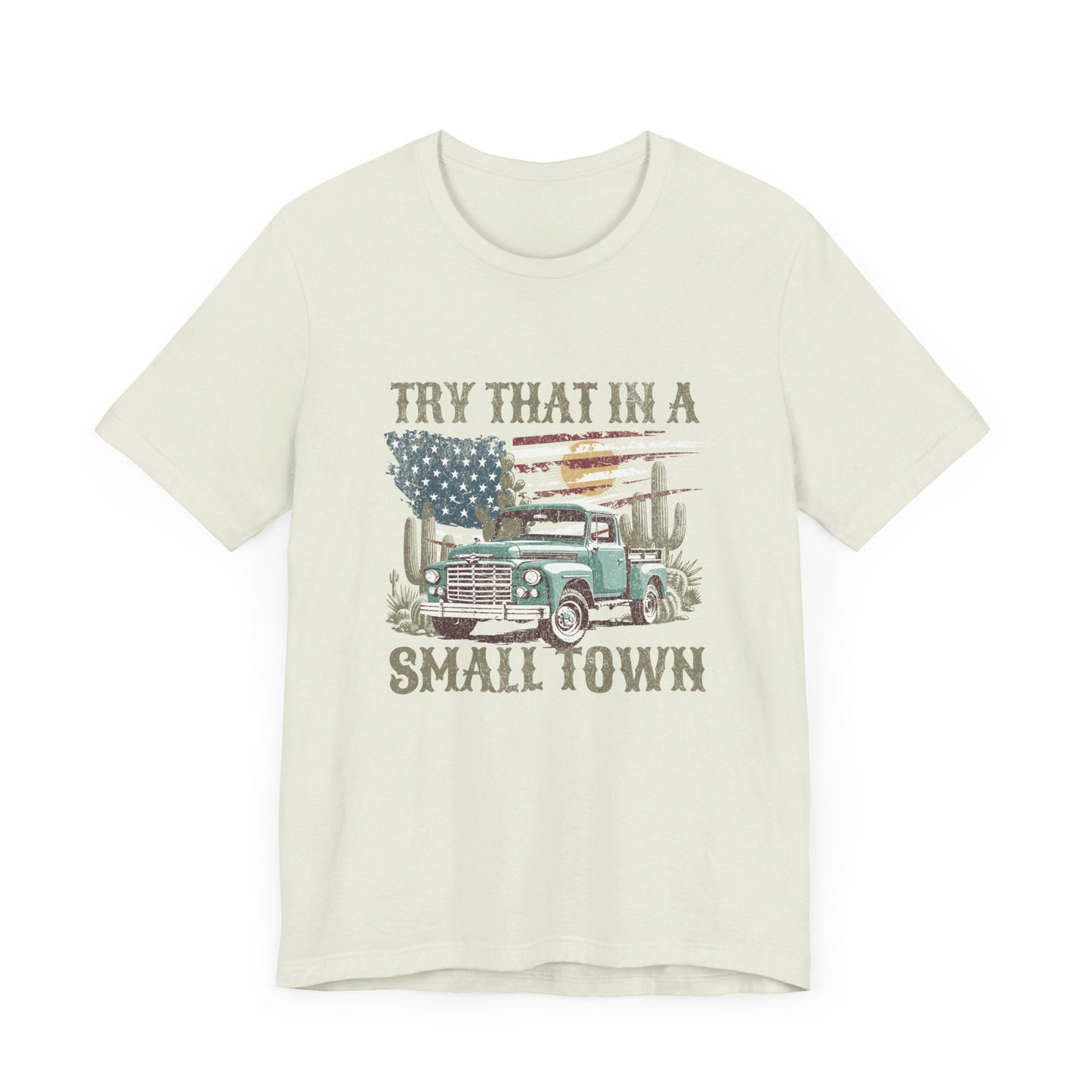 Small Town Pride: Bella Canvas T-shirt with Vintage Pickup and Flag