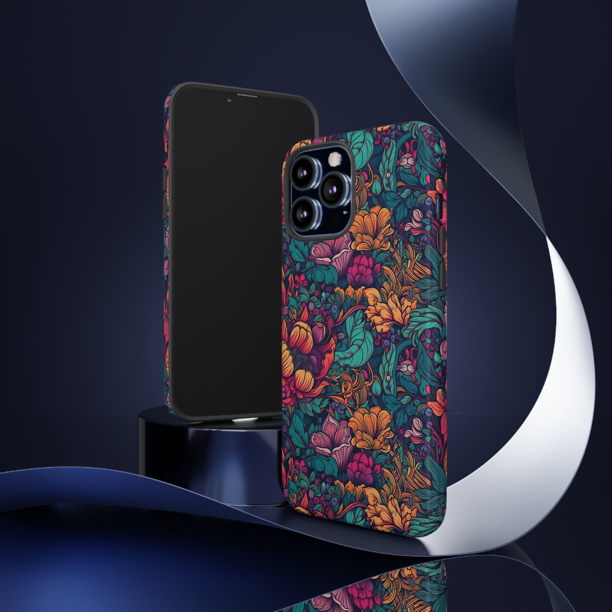 Vibrant Boho Blossoms: iPhone Tough Protective Cover. Featuring a bright abstract floral design, this case adds a touch of Bohemian flair. Compatible with iPhone 15, 14, 13, XS, XR Pro/Max/Mini/P/Plus. Embrace Boho Chic with Style and Durability. #ElizaSinger #PhoneCase #FloralDesign