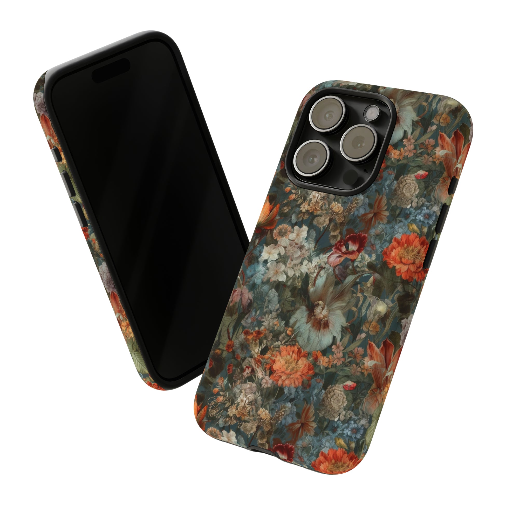 Blooms in Shadows: Botany Floral Dark Flowers iPhone Tough Protective Cover. A captivating blend of Flowers in muted colors, compatible with iPhone 15, 14, 13, XS, XR Pro/Max/Mini/P/Plus. Unleash Nature's Elegance with Durability and Style. #ElizaSinger #PhoneCase #FloralDesign