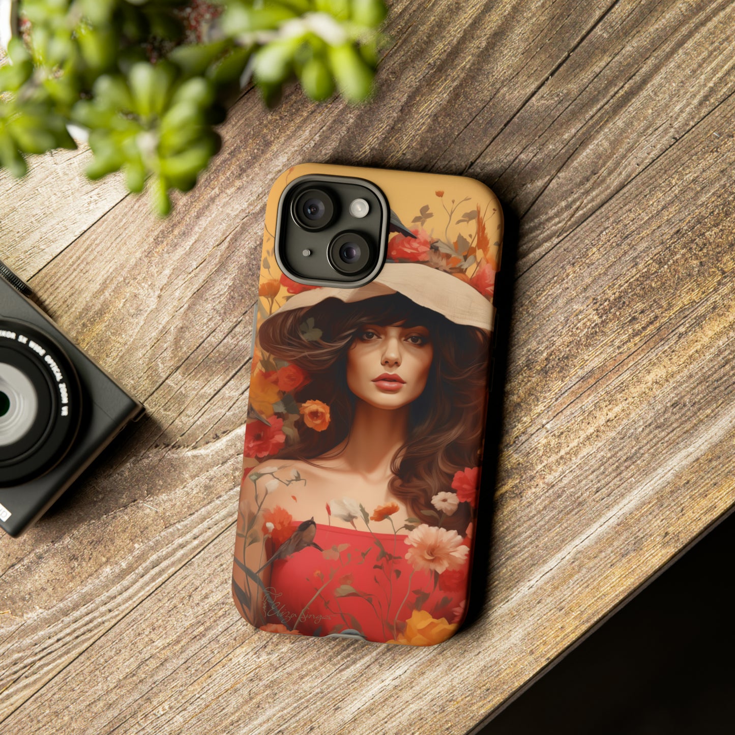 Bask in Sunshine: Embrace the warmth with our Tough Cell Phone Case. A yellow backdrop and a woman in a hat surrounded by flowers create a radiant design. Experience the perfect blend of style and protection, bringing sunshine into your everyday. Elevate your phone with a burst of brightness. #ElizaSinger #PhoneCase #SunshineRadiance