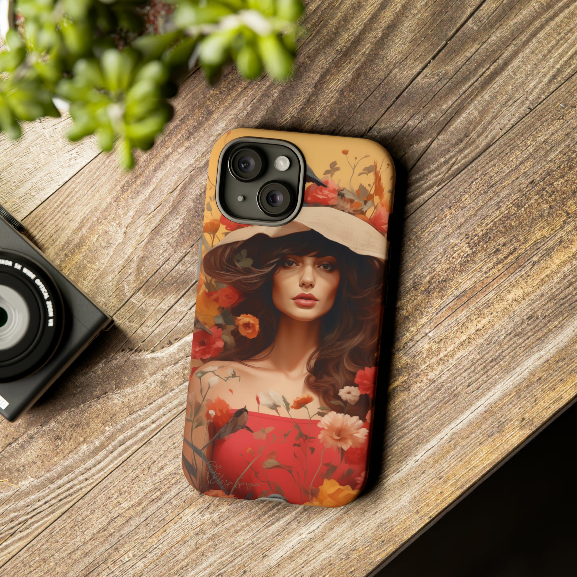 Bask in Sunshine: Embrace the warmth with our Tough Cell Phone Case. A yellow backdrop and a woman in a hat surrounded by flowers create a radiant design. Experience the perfect blend of style and protection, bringing sunshine into your everyday. Elevate your phone with a burst of brightness. #ElizaSinger #PhoneCase #SunshineRadiance