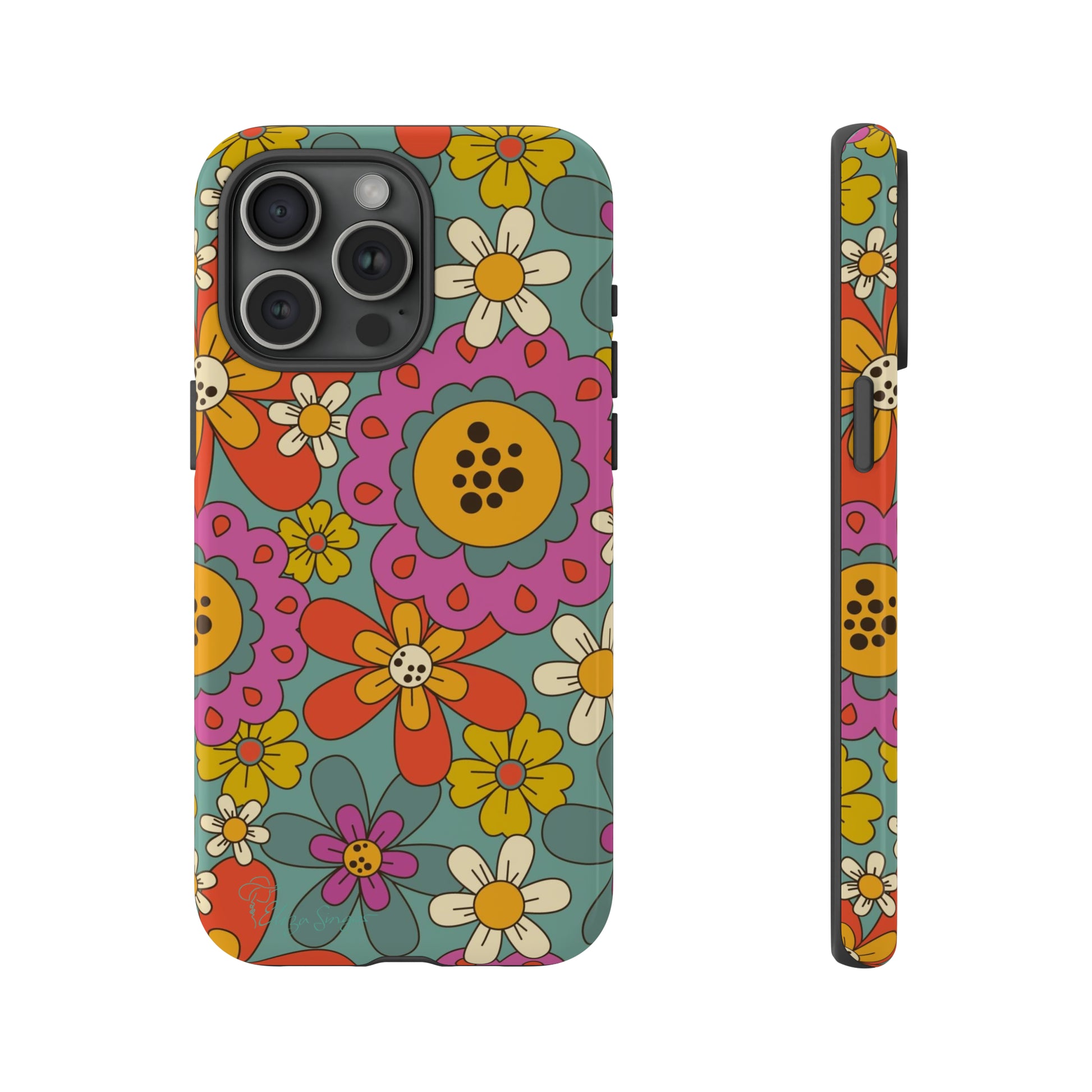 Step into the Groove: Groovy Hippie Hippy Design iPhone Tough Protective Cover. A nod to the 60's with Daisy Design in Turquoise and Pink. Compatible with iPhone 15, 14, 13, XS, XR Pro/Max/Mini/P/Plus. Embrace Retro Vibes with Style and Durability. #ElizaSinger #PhoneCase #GroovyDesign 