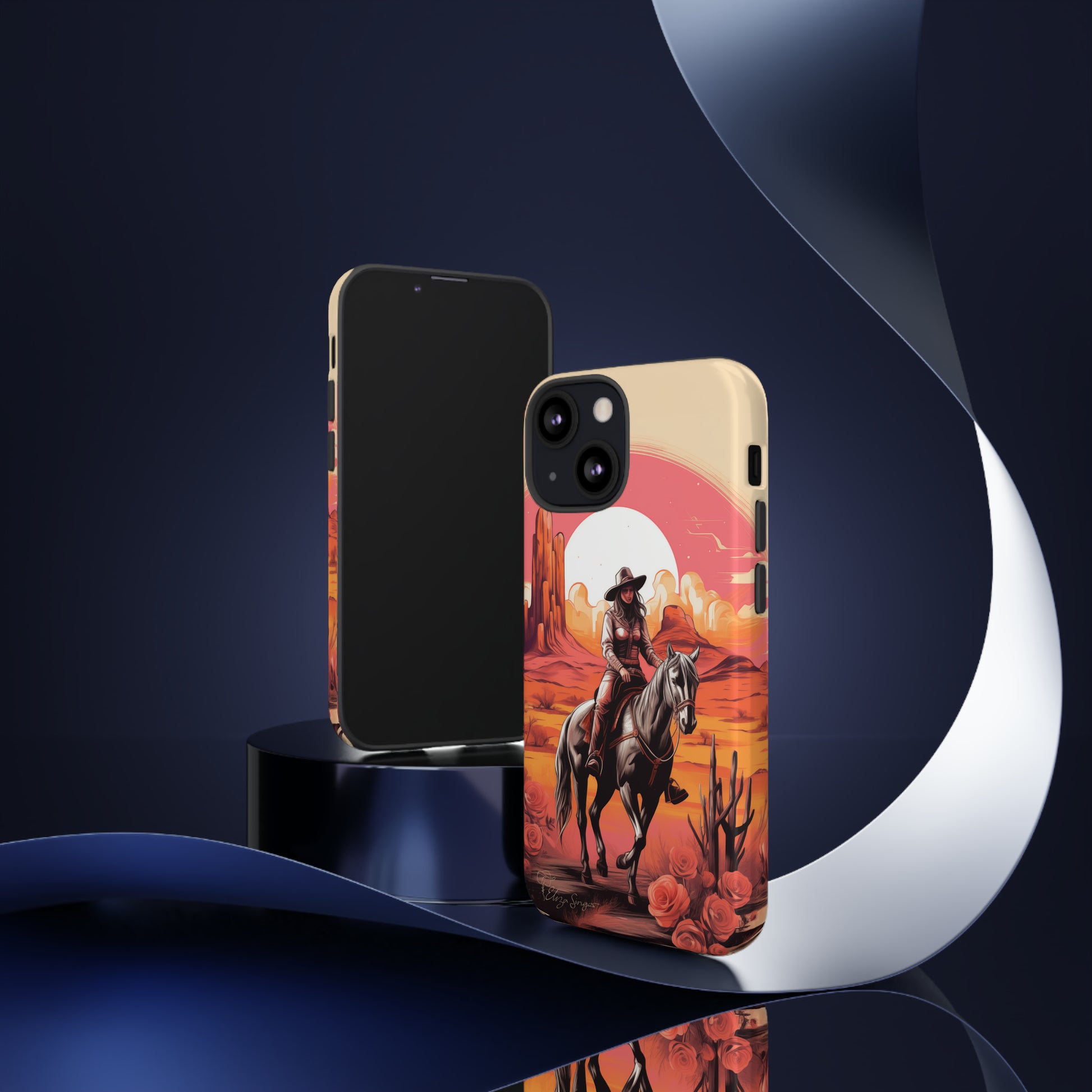 Feminine Adventure Unleashed: Introducing our Tough Western Cell Phone Case, adorned with a stunning design of a cowgirl riding a horse through the desert, surrounded by shades of coral. This unique edition seamlessly combines rugged protection with a touch of feminine flair. Elevate your style with a dash of adventurous charm. #ElizaSinger #PhoneCase #FeminineAdventure 
