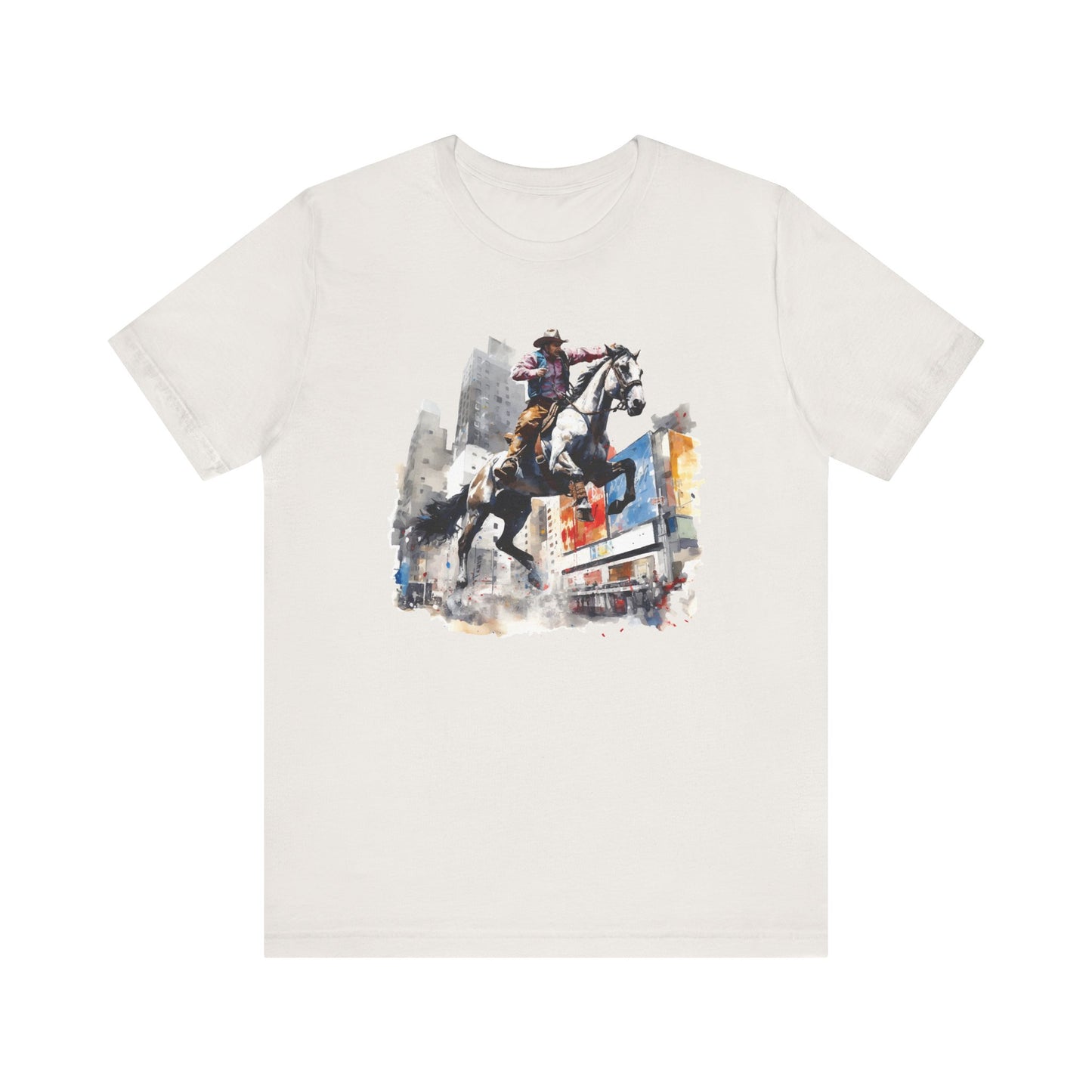 City Rodeo: Bella Canvas T-shirt with Cowboy in Urban Landscape